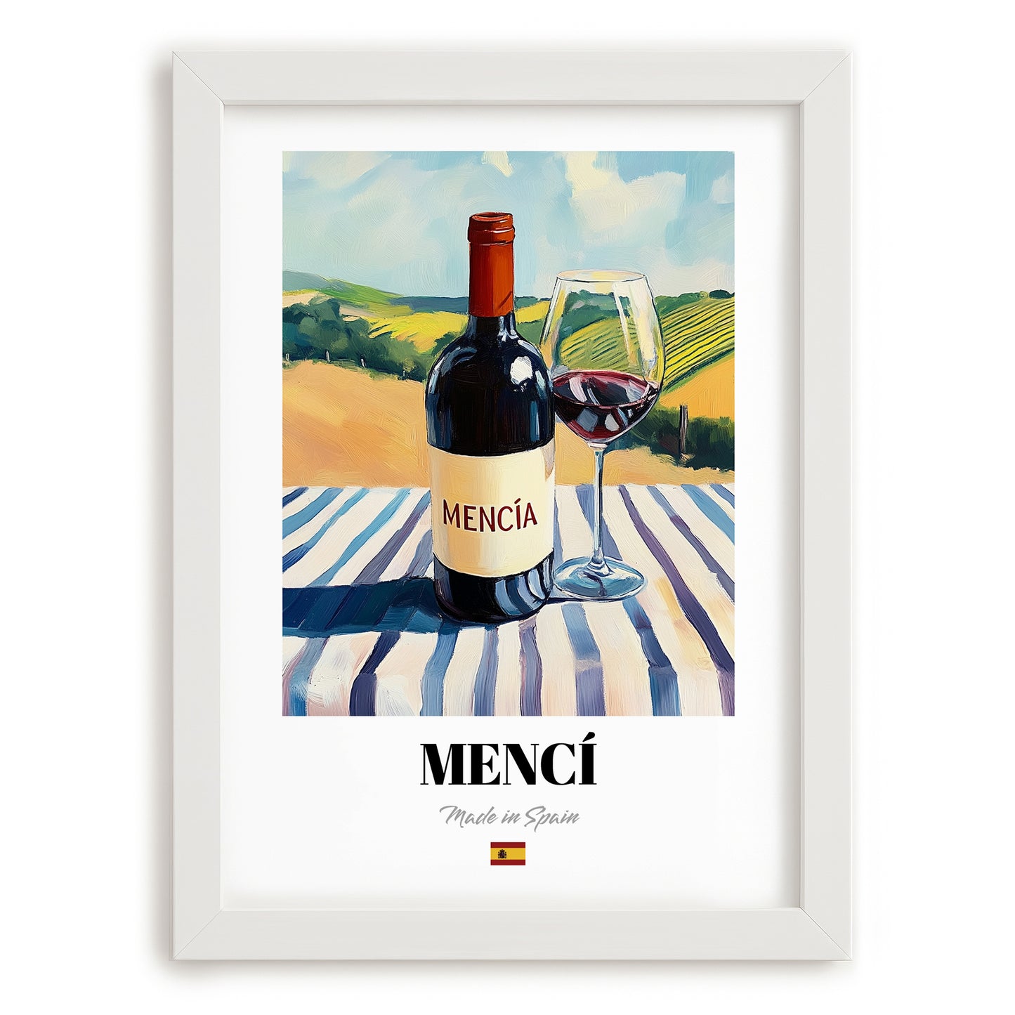 Mencí – Spanish Red Wine, Vinoteca Still Life, placed in minimal white frame