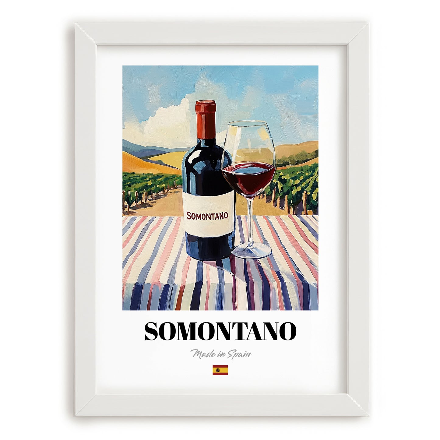 Somontano – Spanish Red Wine, Vineyard Terrace Poster, placed in minimal white frame