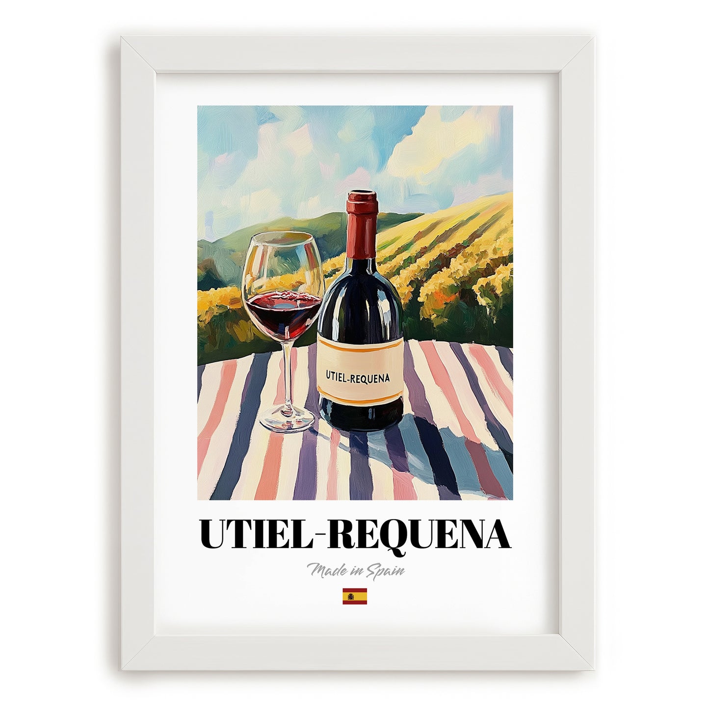 Utiel-Requena – Spanish Red Wine, Wine Bar Still Life, placed in minimal white frame