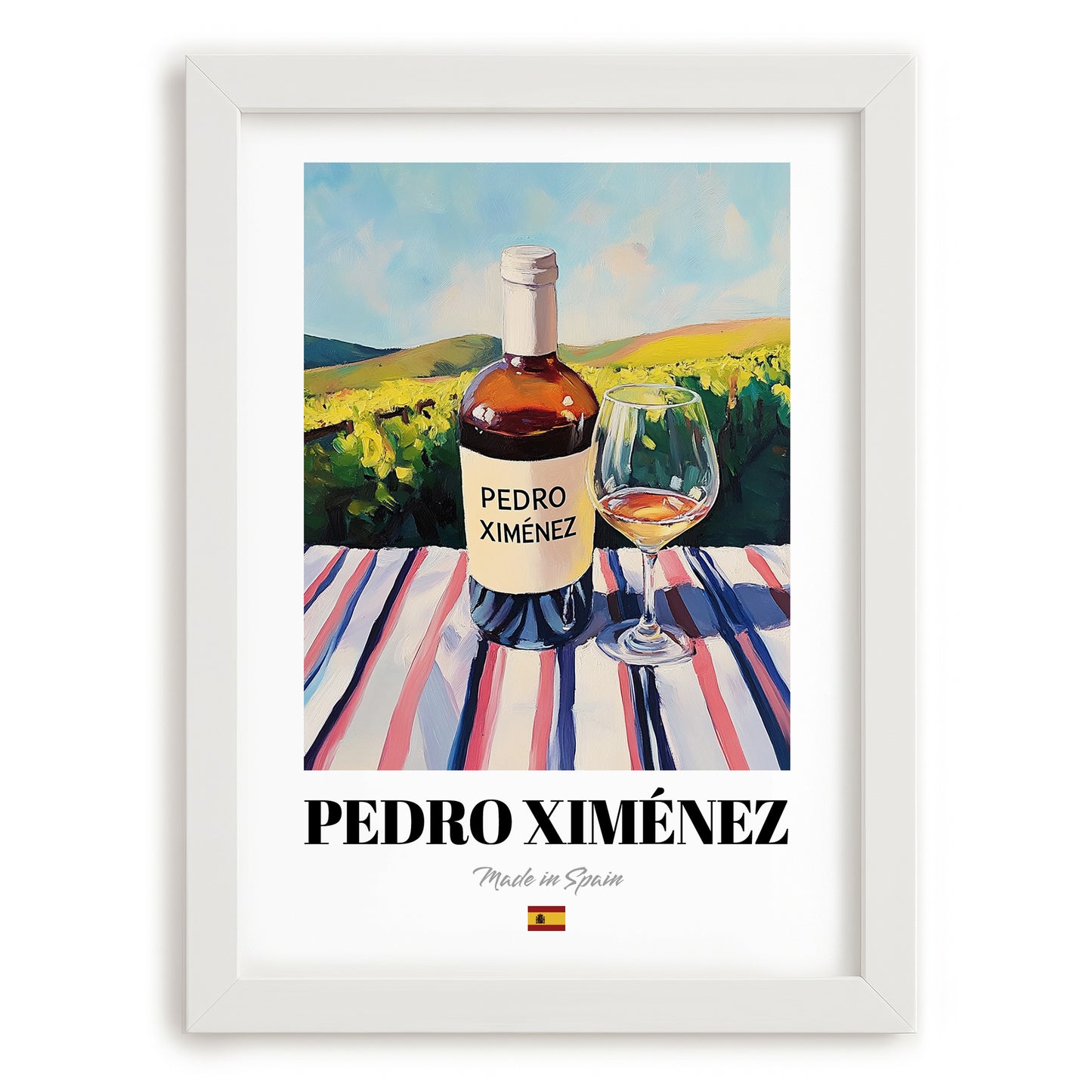 Pedro Ximénez – Spanish White Wine, Vinoteca Painting, placed in minimal white frame