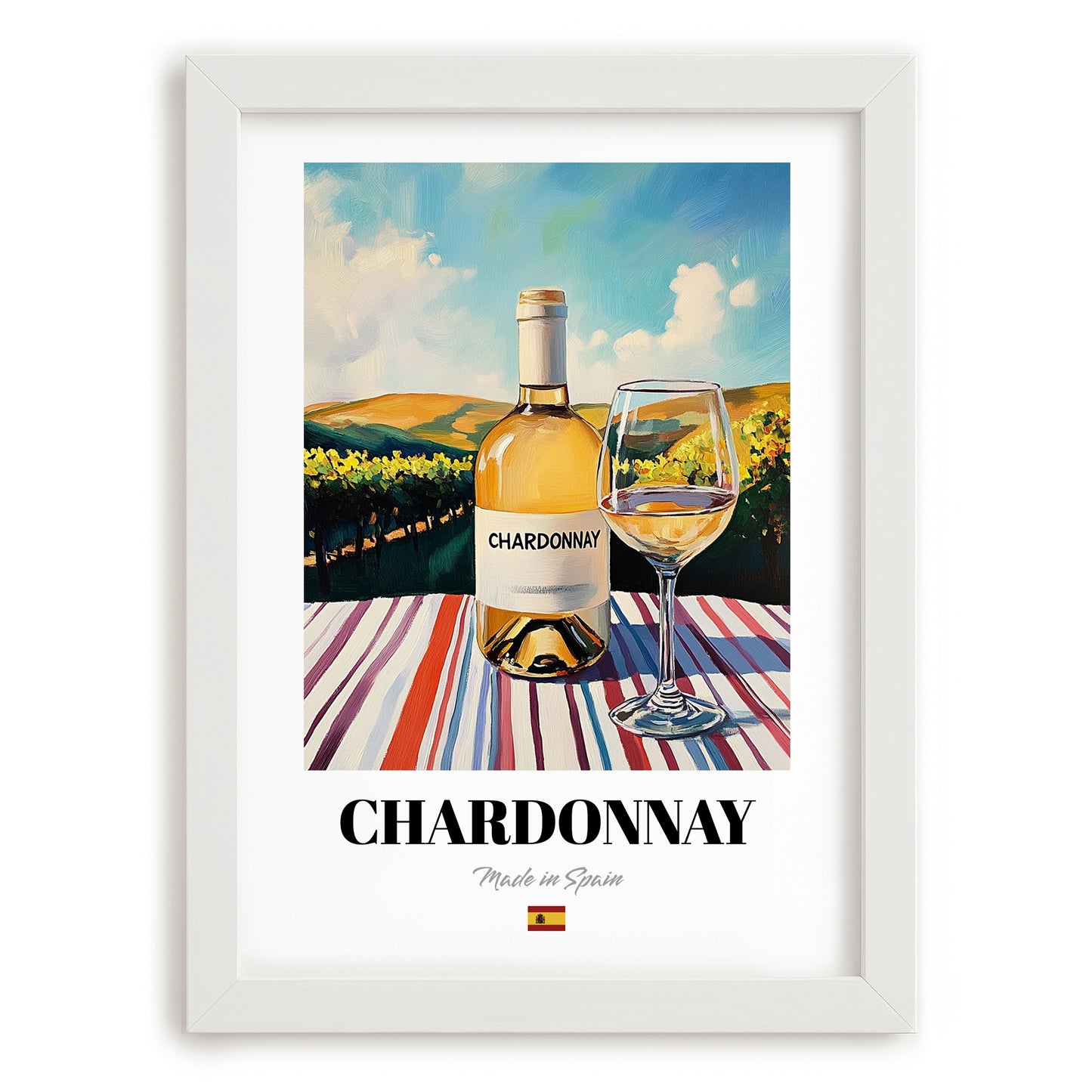 Chardonnay – Spanish White Wine, Vineyard Terrace Painting, placed in minimal white frame