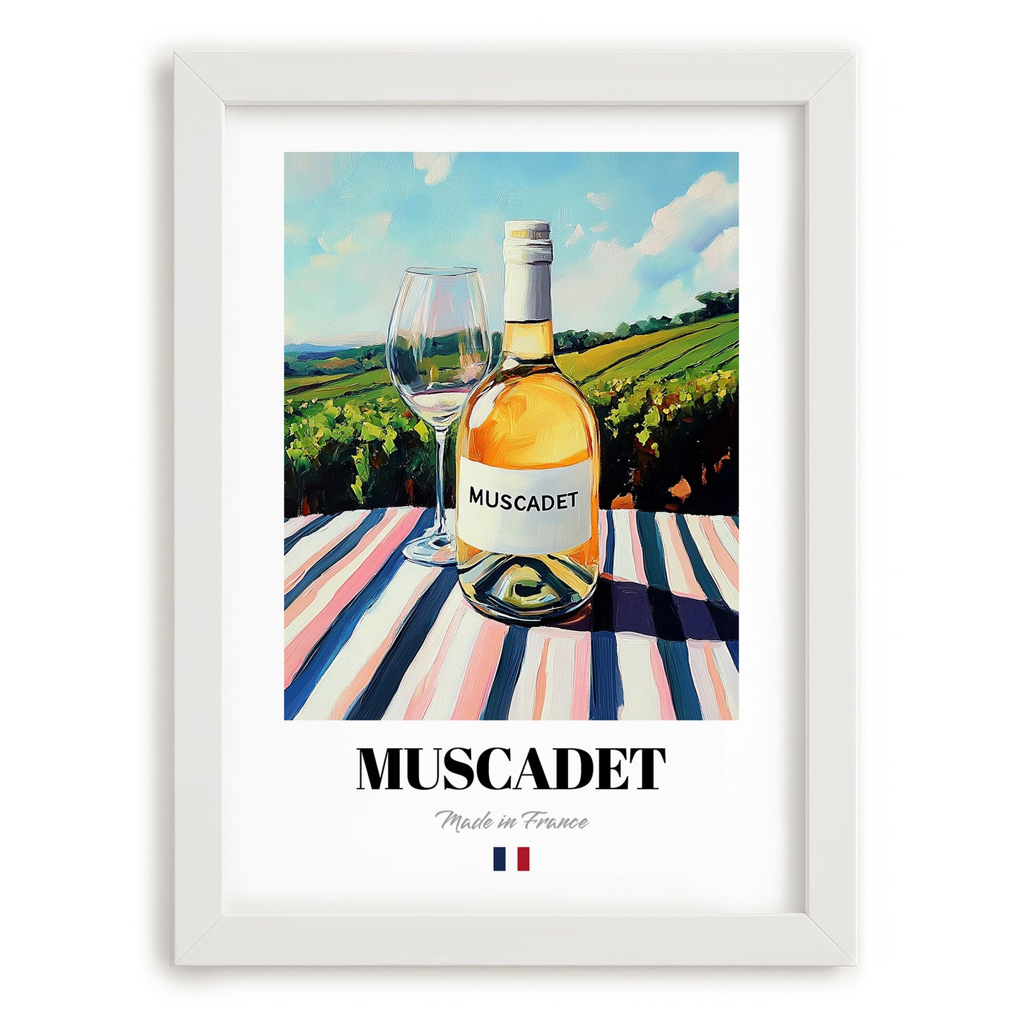 Muscadet – French White Wine, Wine Bar Painting, placed in minimal white frame