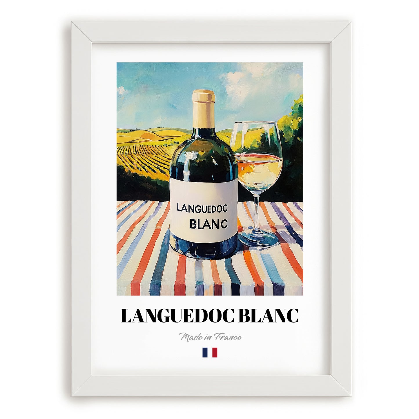 Languedoc Blanc – French White Wine, Tasting Room Wall Art, placed in minimal white frame