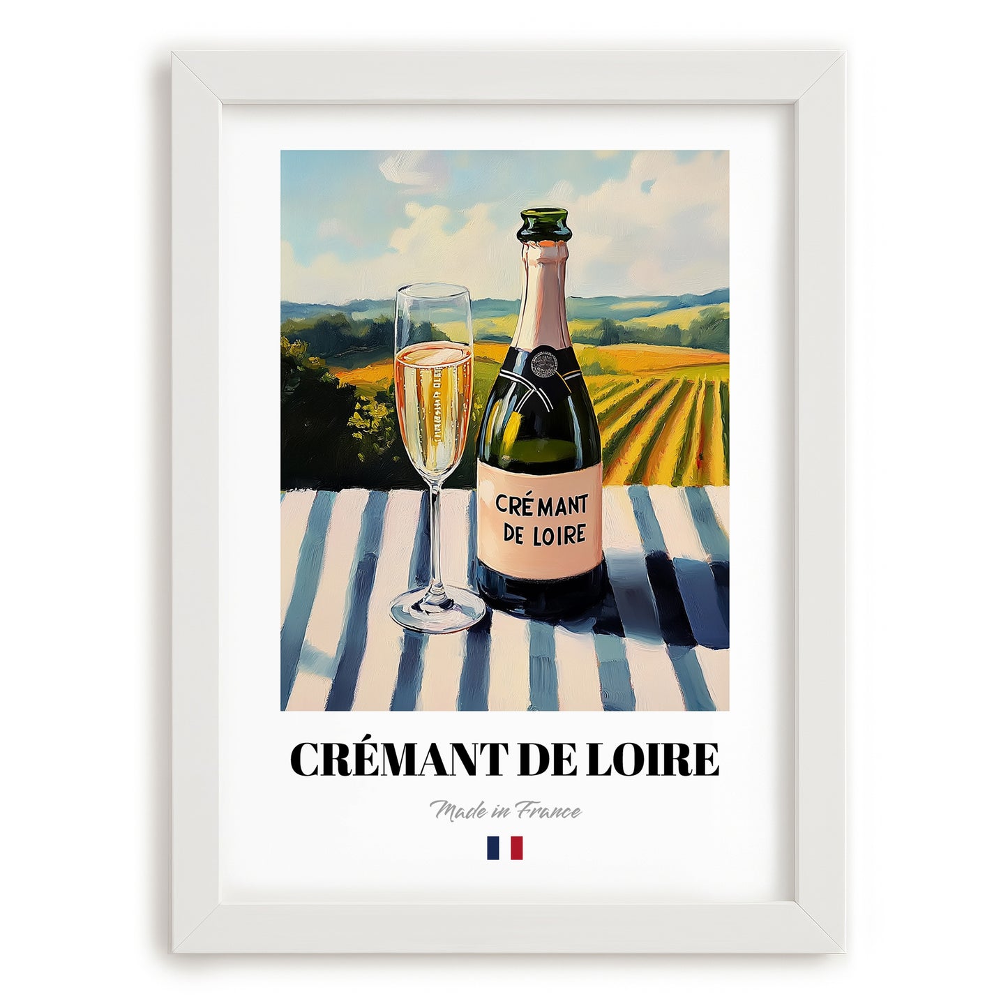 Crémant de Loire – French Sparkling Wine, Wine Bar Wall Art, placed in minimal white frame