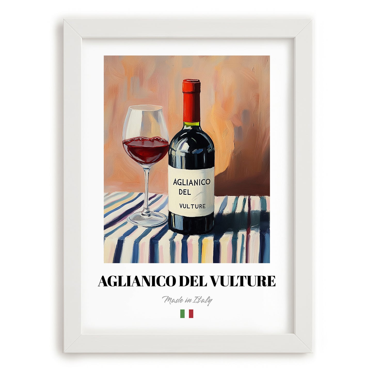 Aglianico del Vulture – Italian Red Wine, Bodega Wall Decor, placed in minimal white frame