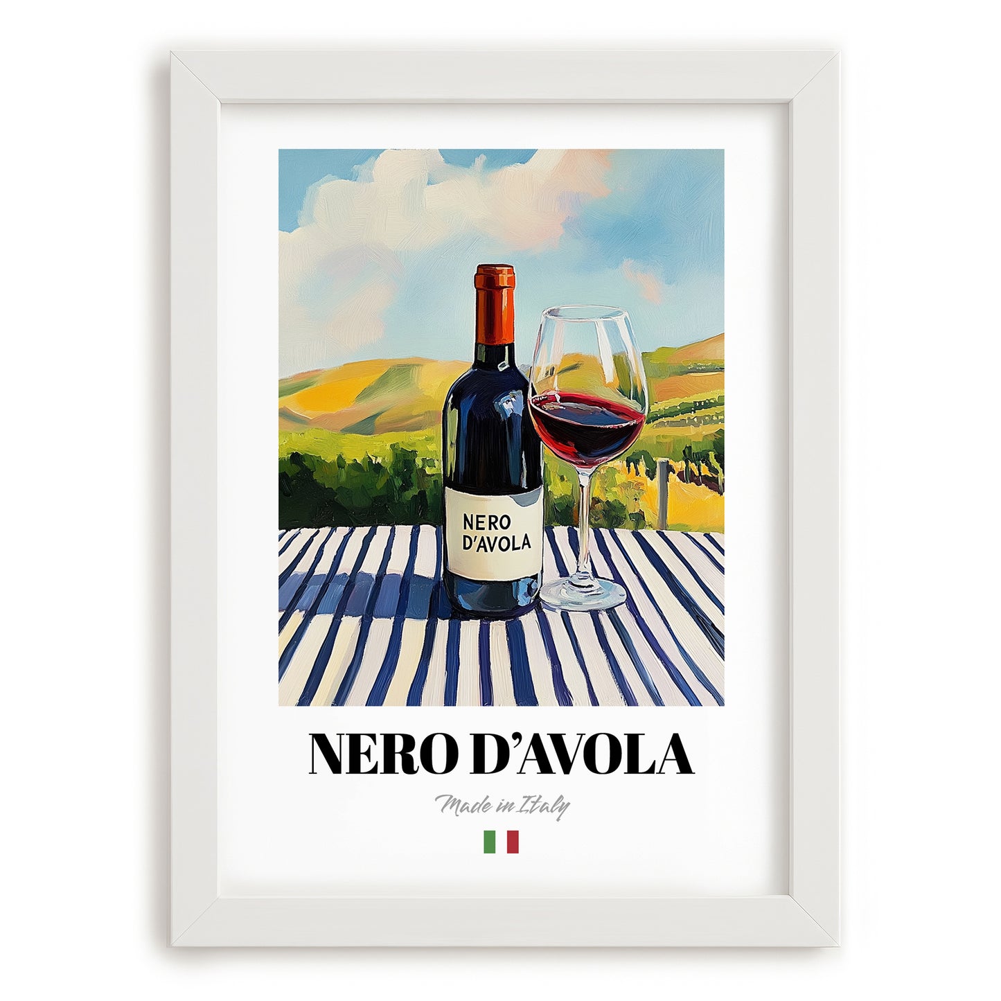 Nero d'Avola – Italian Red Wine, Wine Bar Wall Art, placed in minimal white frame