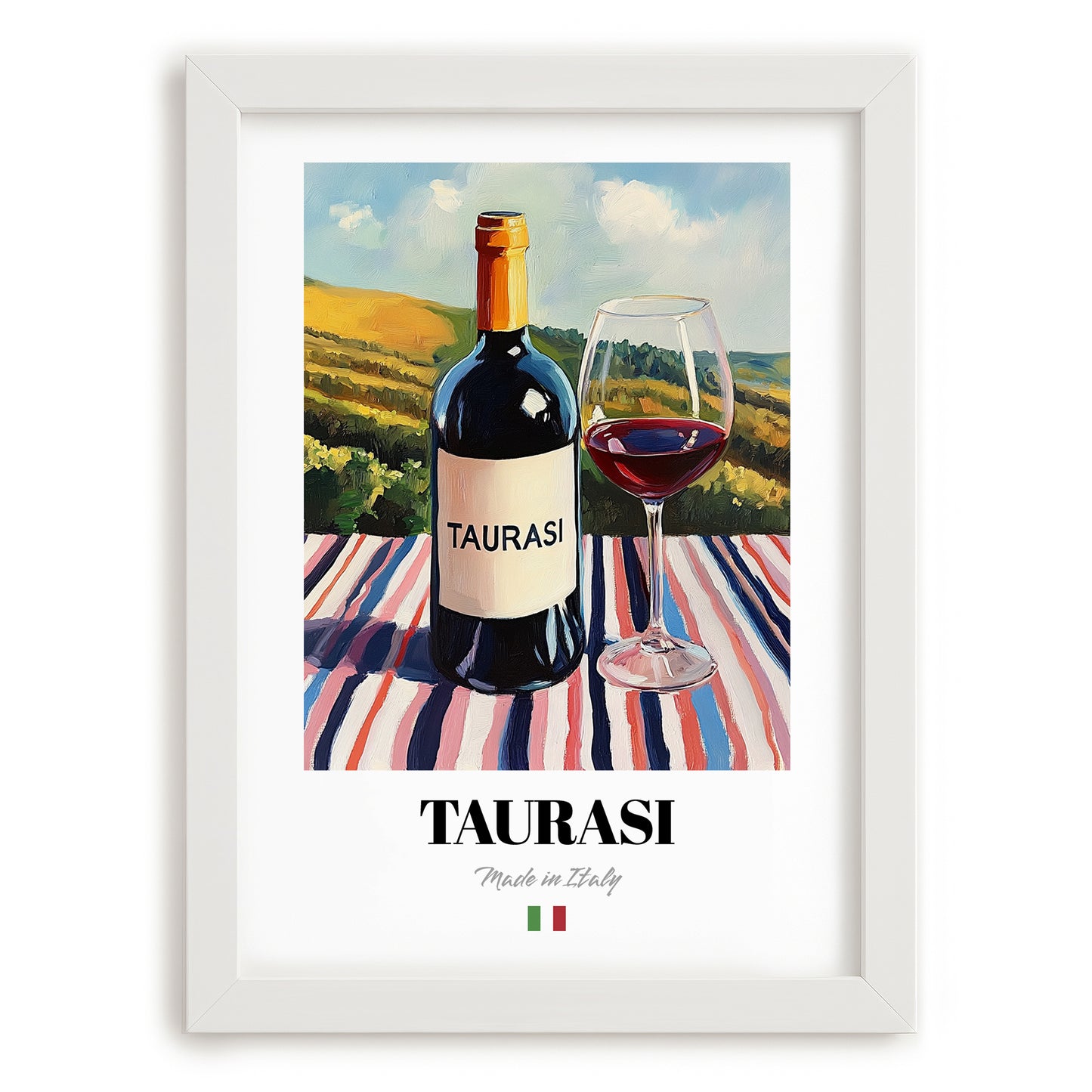 Taurasi – Italian Red Wine, Bodega Illustration, placed in minimal white frame