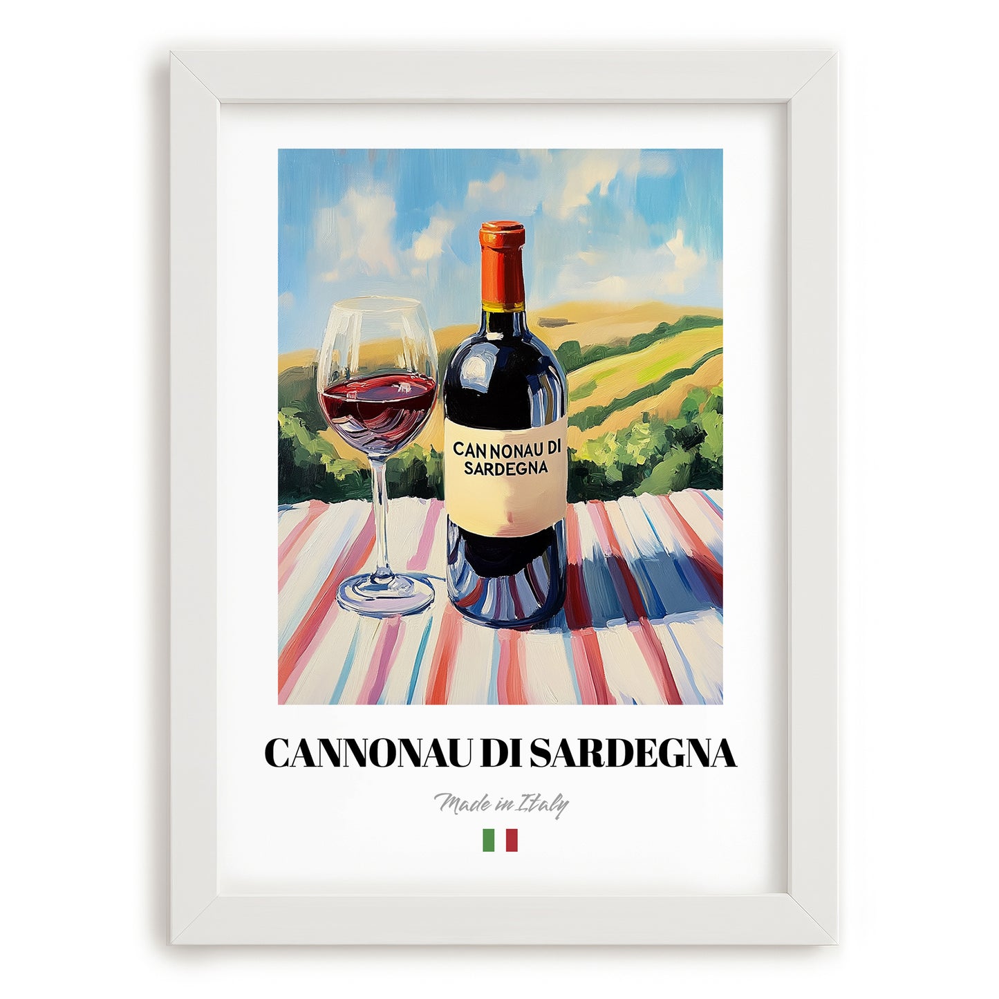 Cannonau di Sardegna – Italian Red Wine, Bodega Wall Art, placed in minimal white frame