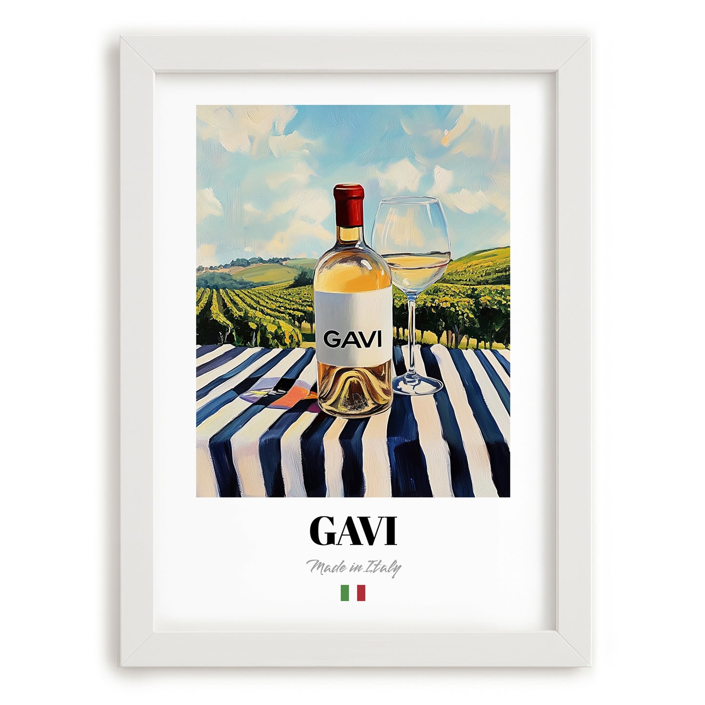 Gavi – Italian White Wine, Vineyard Terrace Wall Art, placed in minimal white frame