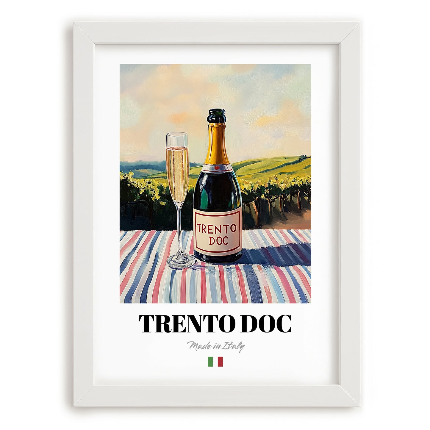 Trento DOC – Italian Sparkling Wine, Enoteca Wall Art, placed in minimal white frame