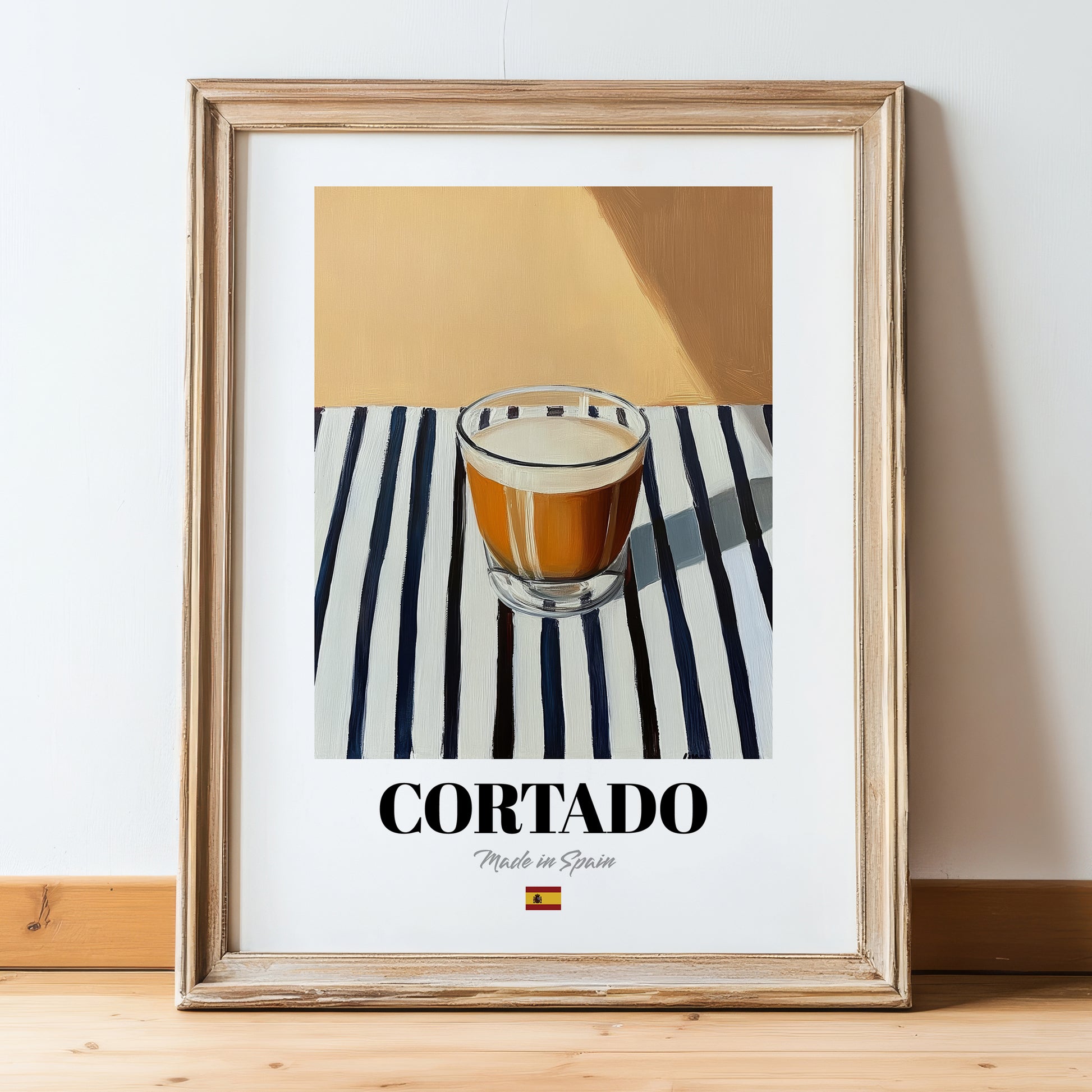 Cortado – Spanish Coffee, Konditorei Still Life, in wooden frame leaning on the floor