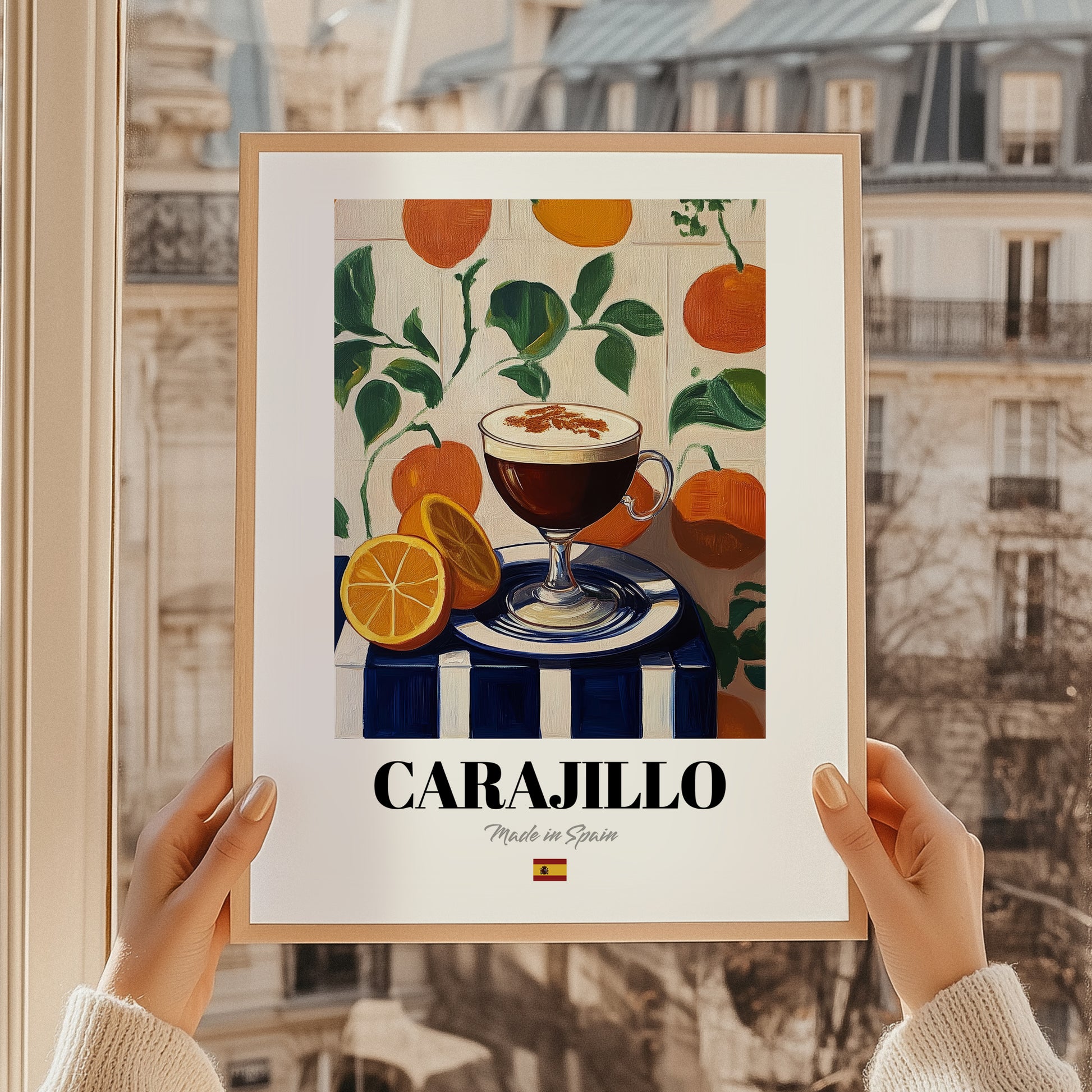 Carajillo – Spanish Coffee, Espresso Bar Print, styled in a charming Paris street view