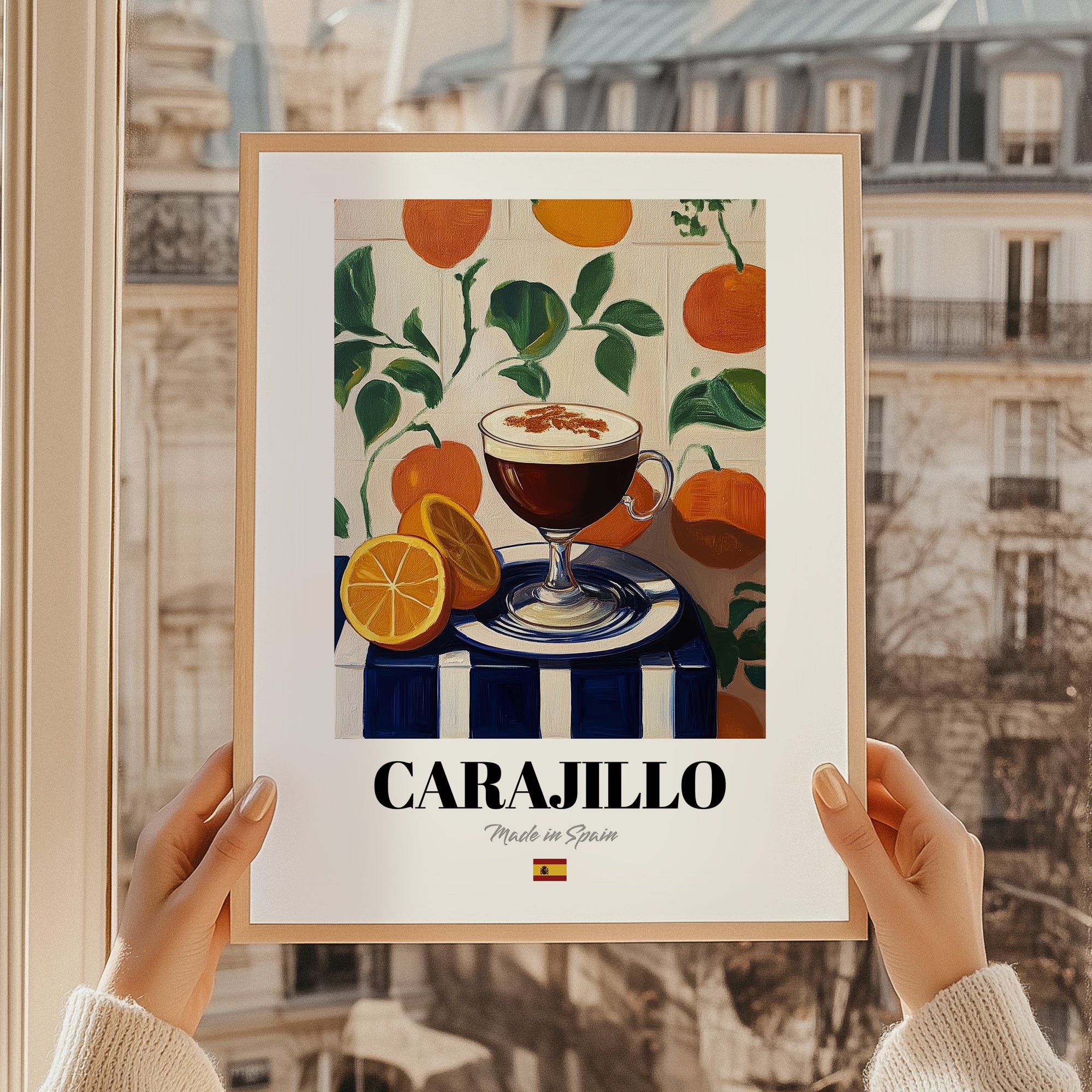 Carajillo – Spanish Coffee, Espresso Bar Print, styled in a charming Paris street view