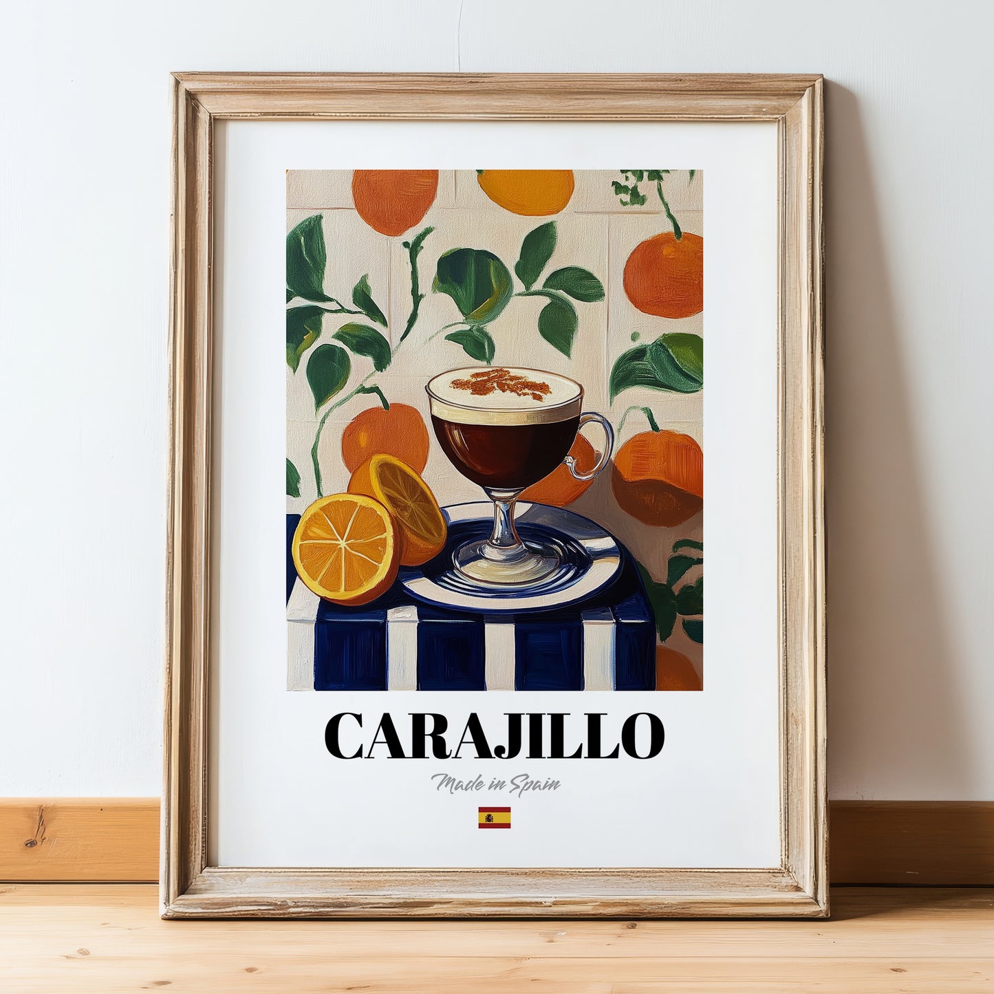 Carajillo – Spanish Coffee, Espresso Bar Print, in wooden frame leaning on the floor