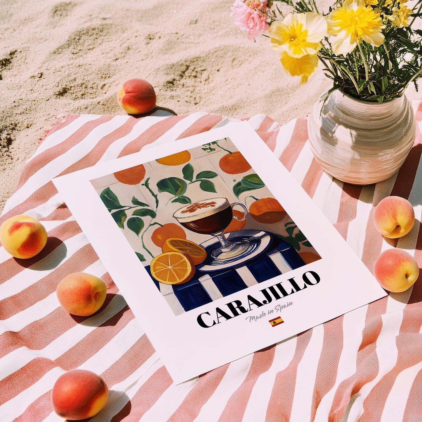 Carajillo – Spanish Coffee, Espresso Bar Print, unframed on coastal sand