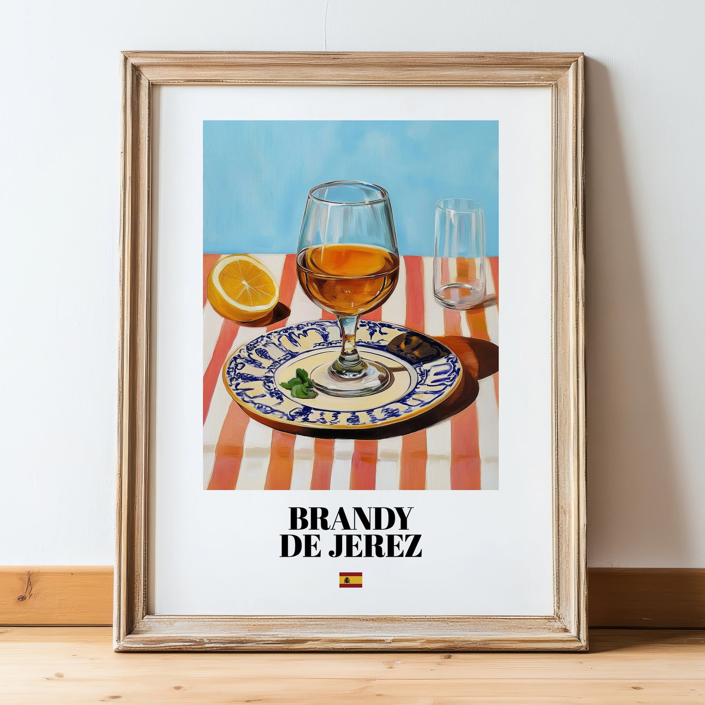 Brandy de Jerez – Spanish Spirit Drink, Rooftop Terrace Poster, in wooden frame leaning on the floor