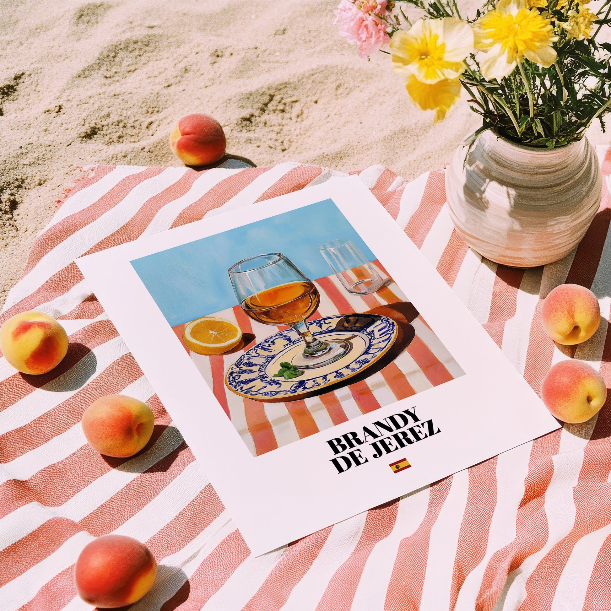 Brandy de Jerez – Spanish Spirit Drink, Rooftop Terrace Poster, unframed on coastal sand