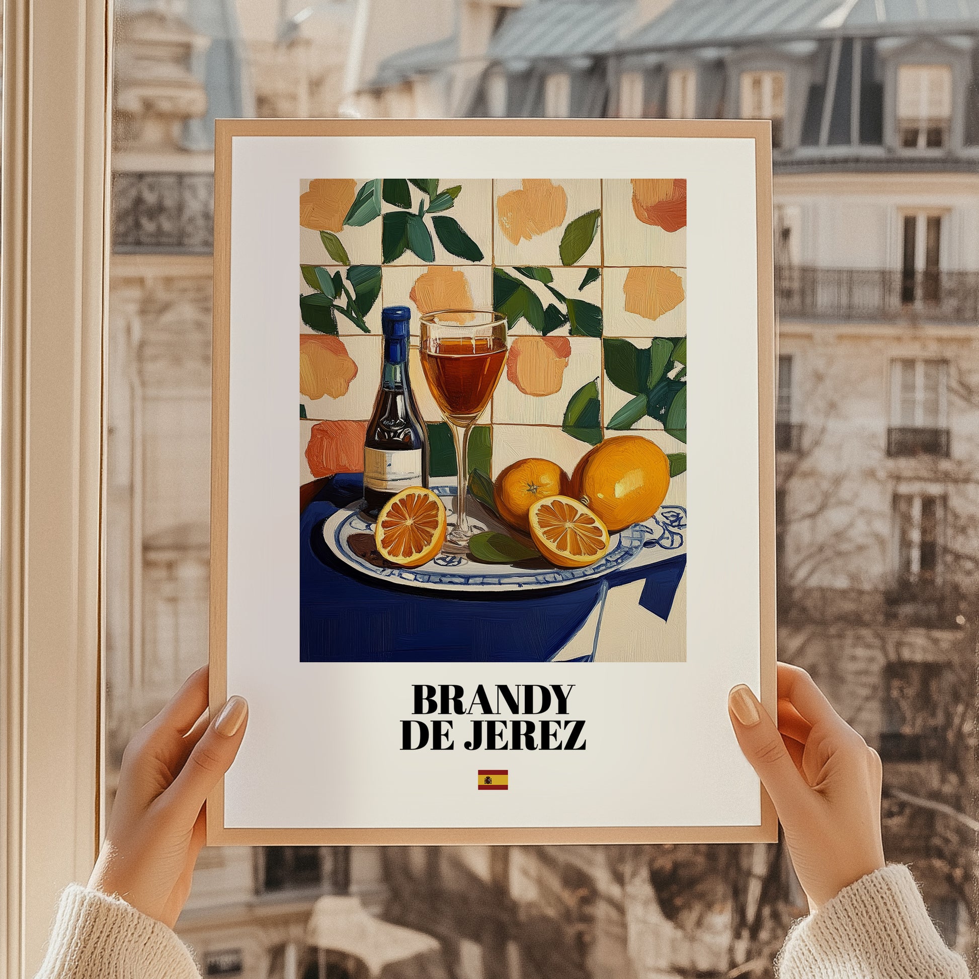 Brandy de Jerez – Spanish Spirit Drink, Jazz Bar Poster, styled in a charming Paris street view