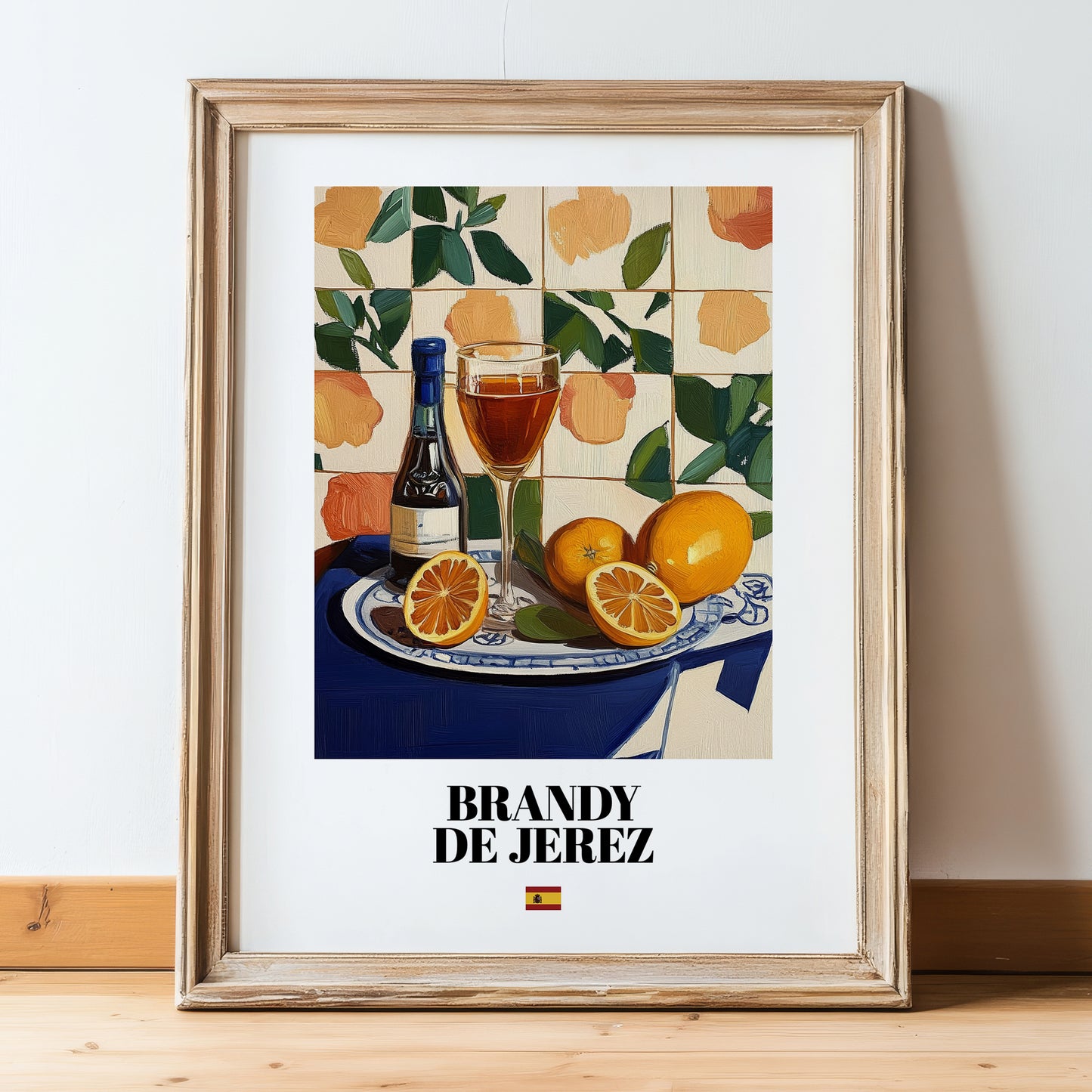 Brandy de Jerez – Spanish Spirit Drink, Jazz Bar Poster, in wooden frame leaning on the floor
