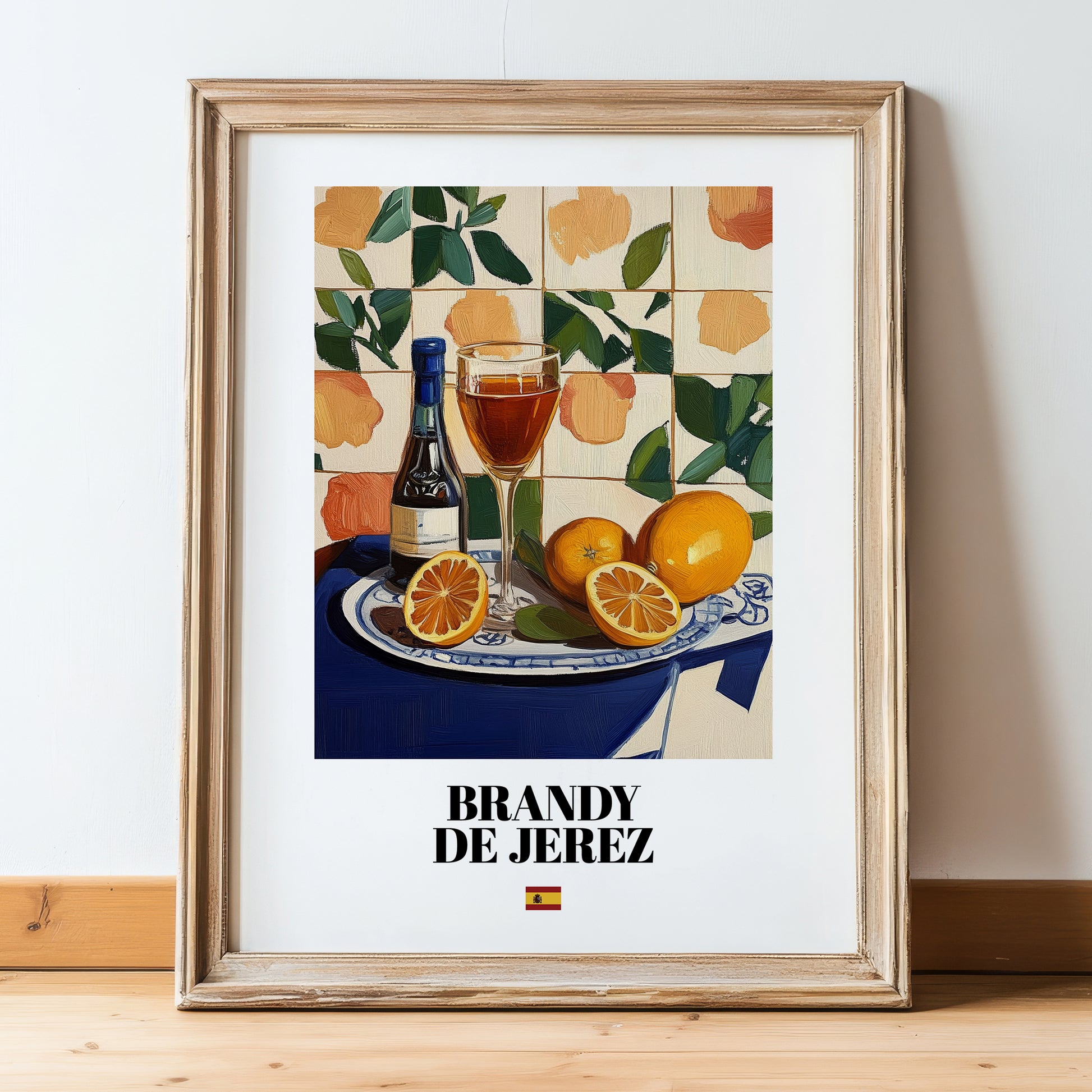 Brandy de Jerez – Spanish Spirit Drink, Jazz Bar Poster, in wooden frame leaning on the floor
