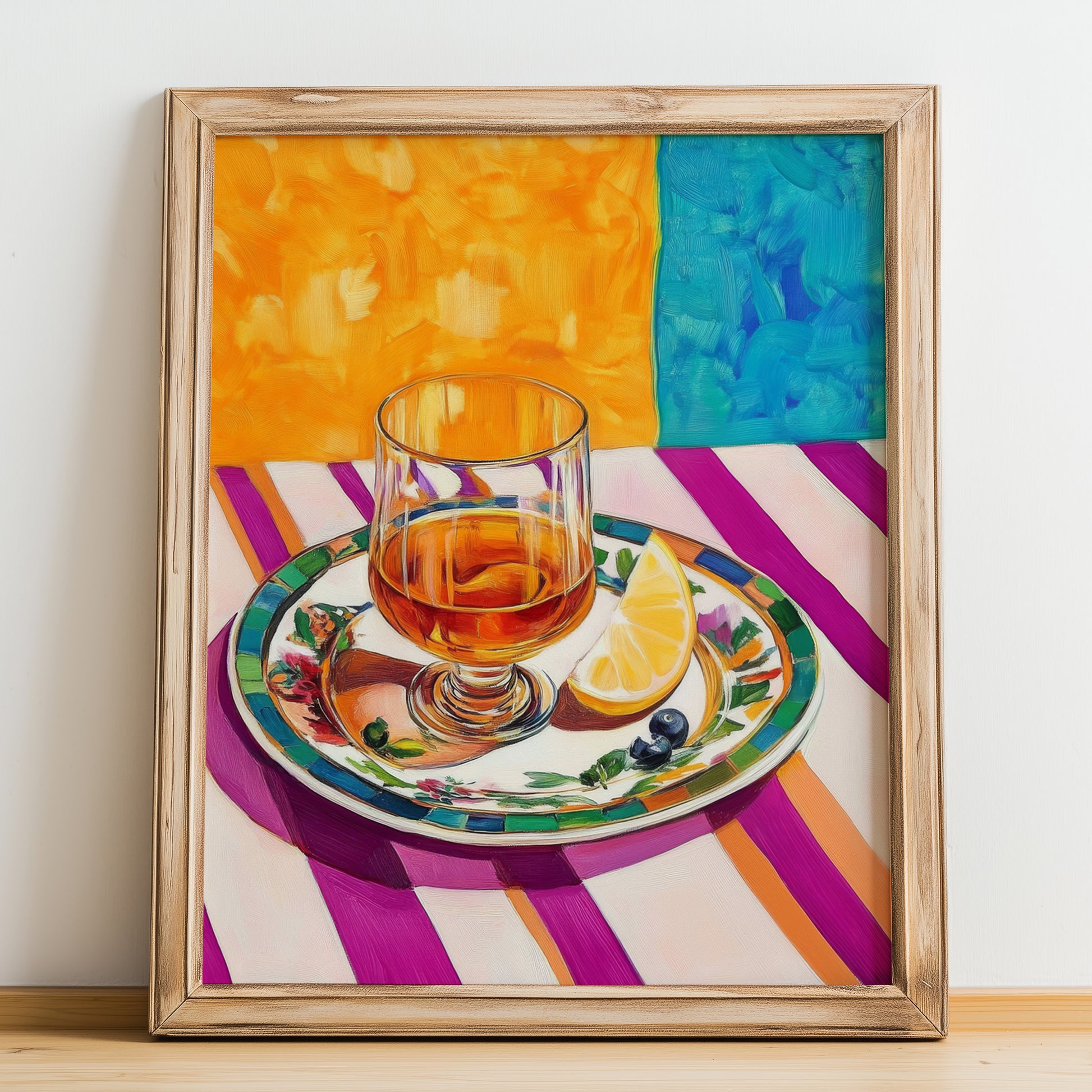 Pacharán – Spanish Liqueur Drink, Sky Bar Illustration, no-text version framed in wood