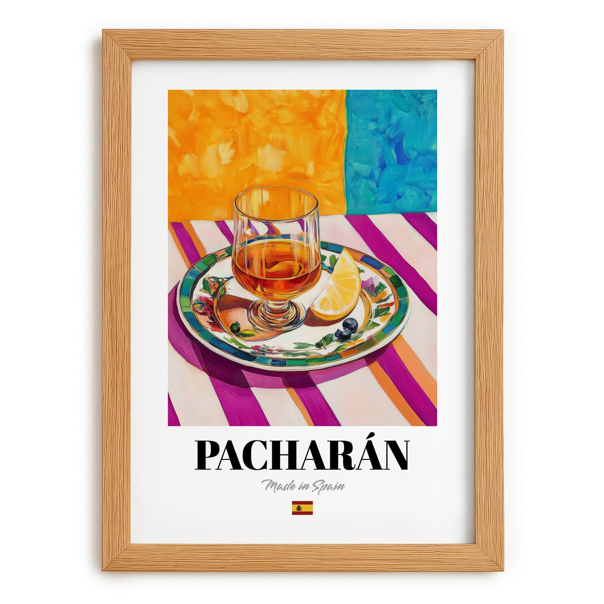 Pacharán – Spanish Liqueur Drink, Sky Bar Illustration, set in oak frame