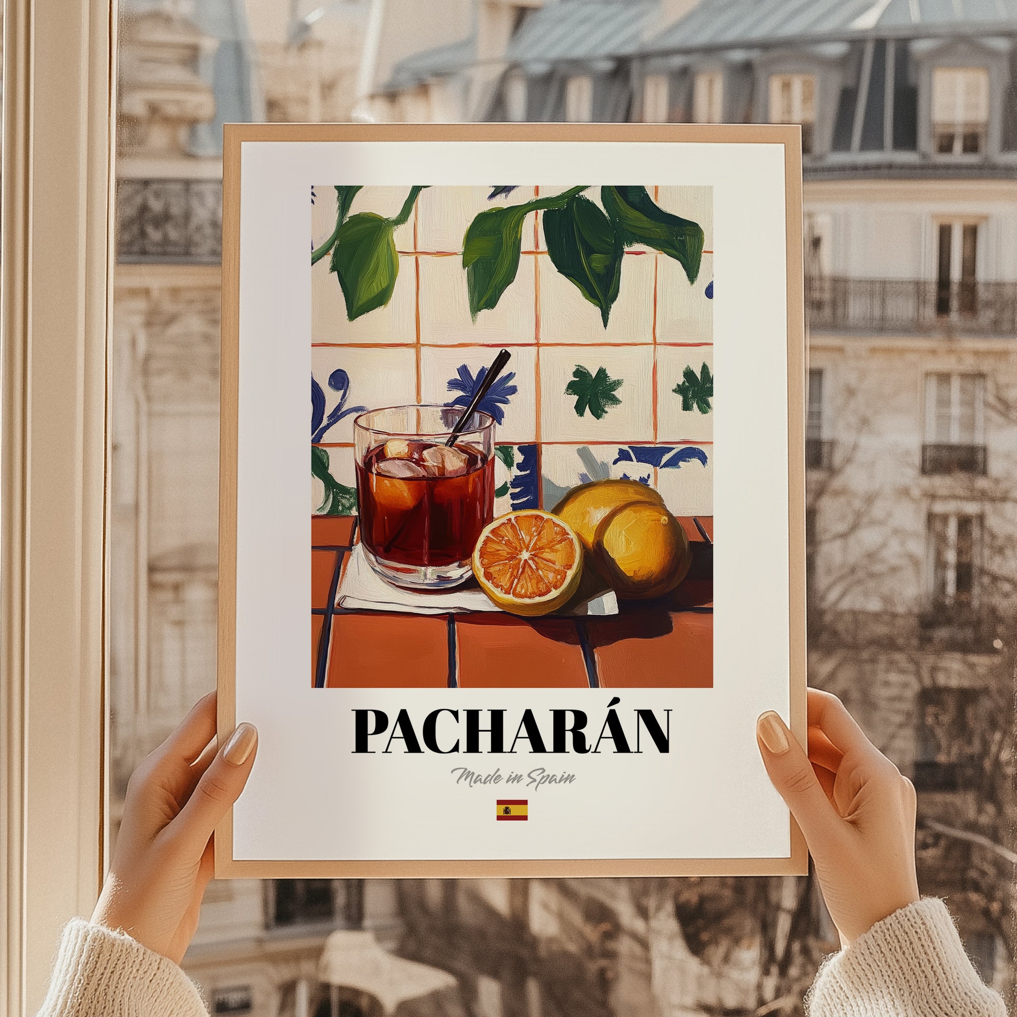Pacharán – Spanish Liqueur Drink, Beach Bar Print, styled in a charming Paris street view