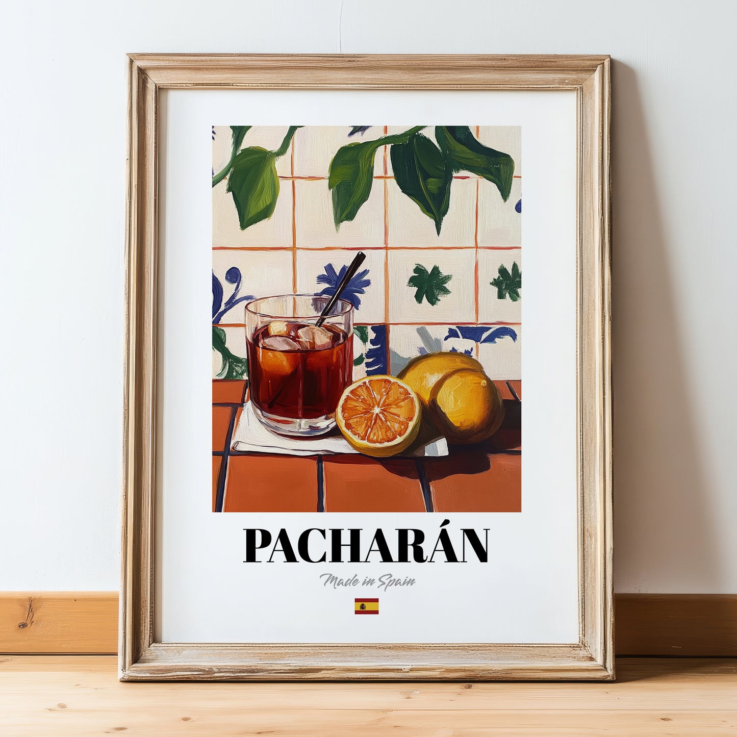 Pacharán – Spanish Liqueur Drink, Beach Bar Print, in wooden frame leaning on the floor