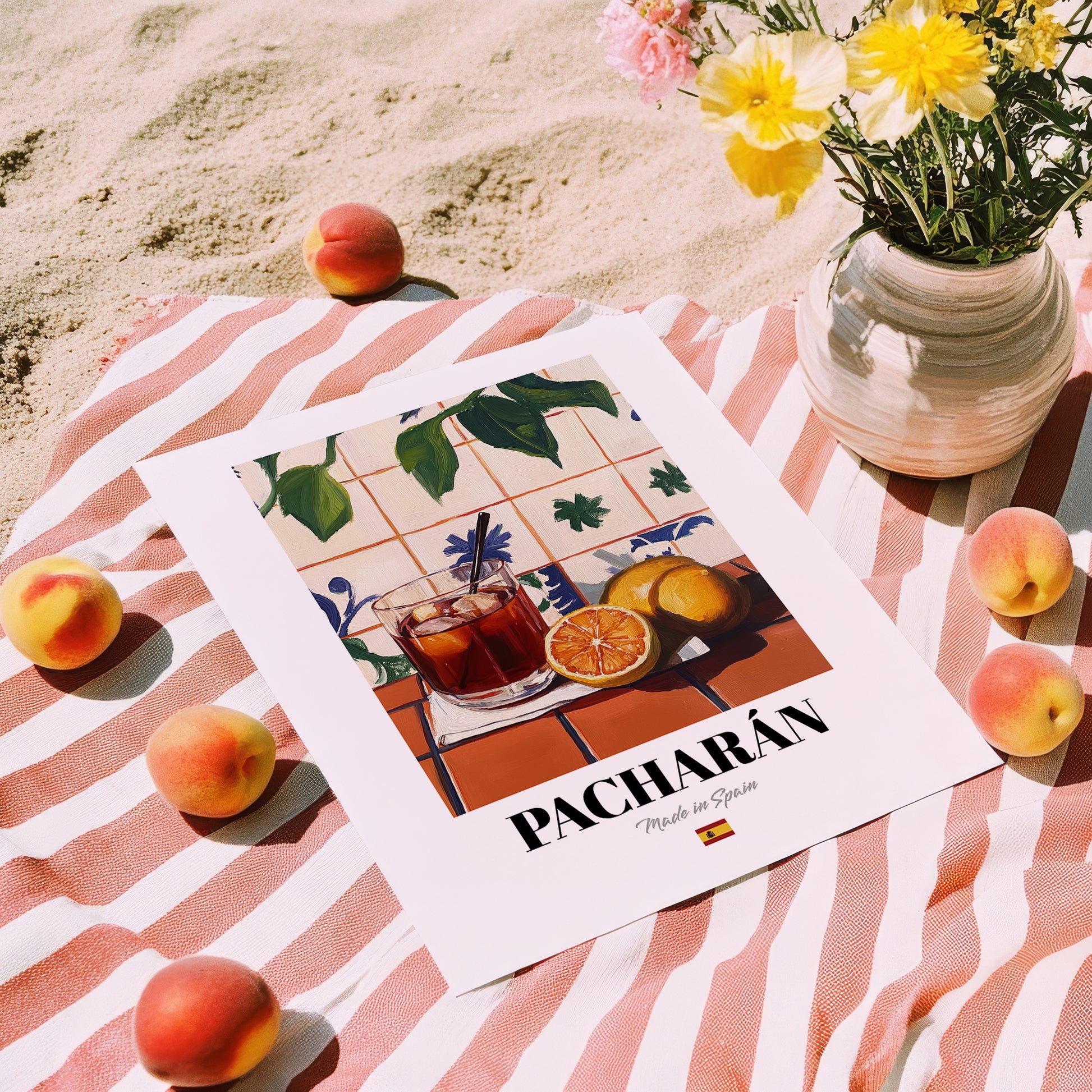 Pacharán – Spanish Liqueur Drink, Beach Bar Print, unframed on coastal sand