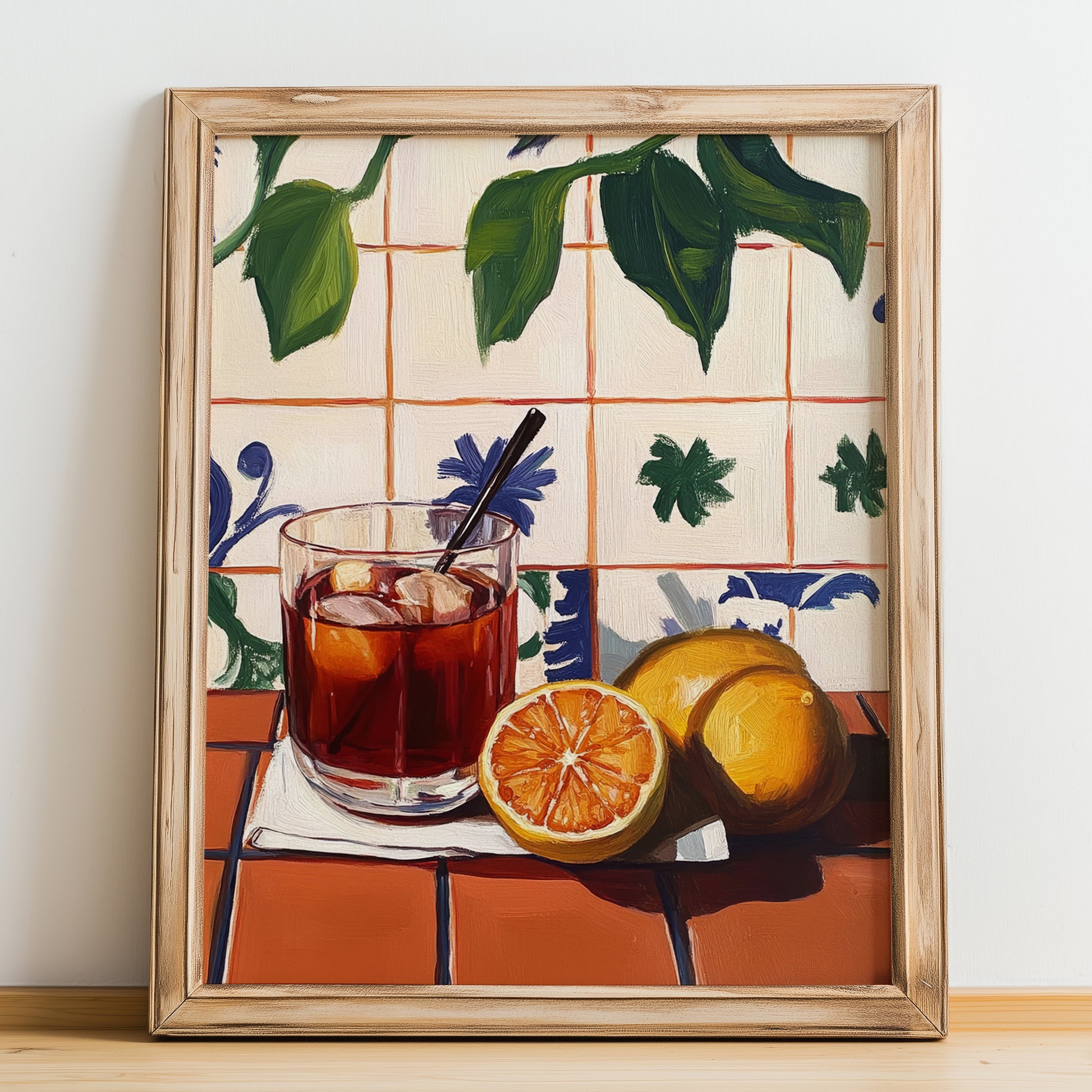 Pacharán – Spanish Liqueur Drink, Beach Bar Print, no-text version framed in wood
