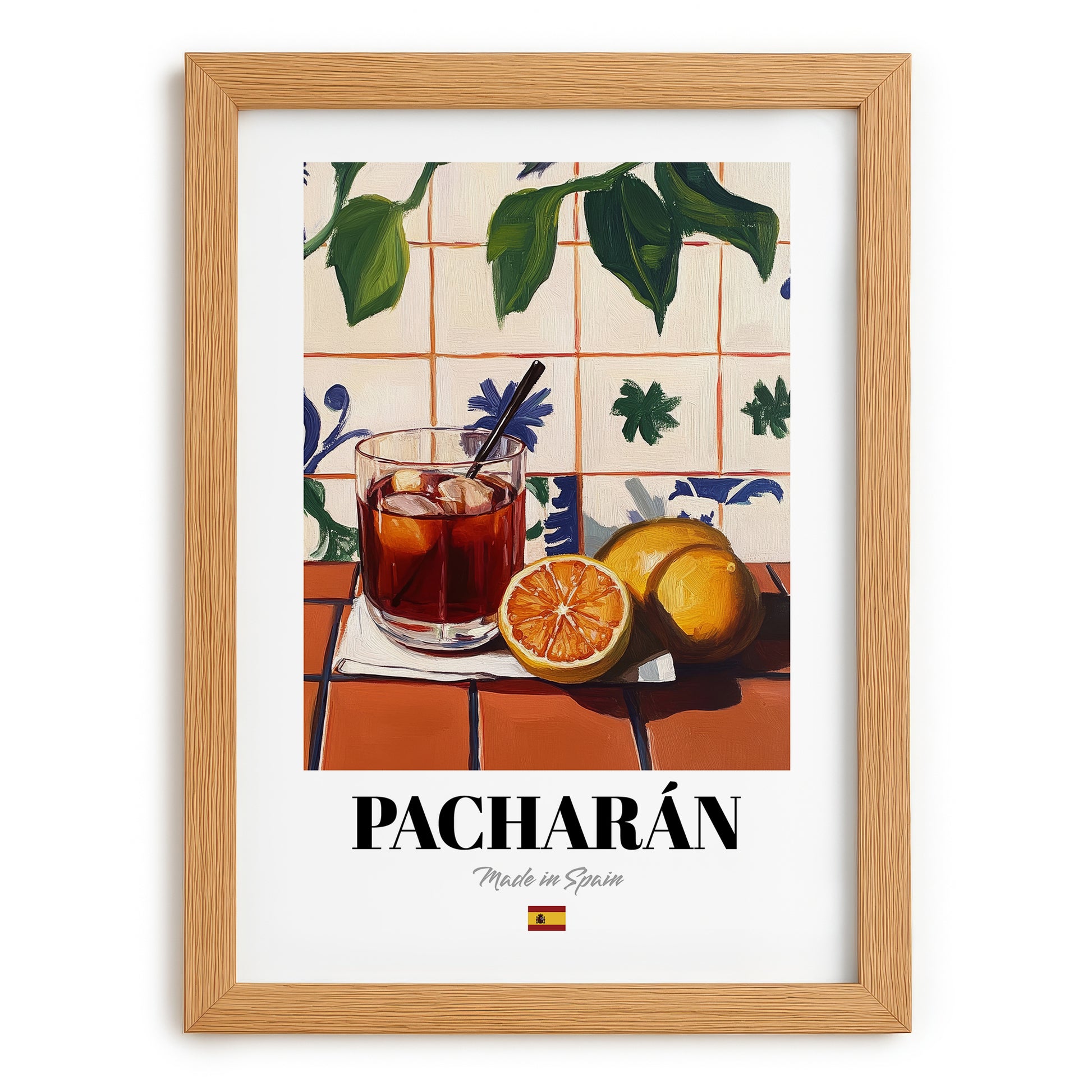 Pacharán – Spanish Liqueur Drink, Beach Bar Print, set in oak frame