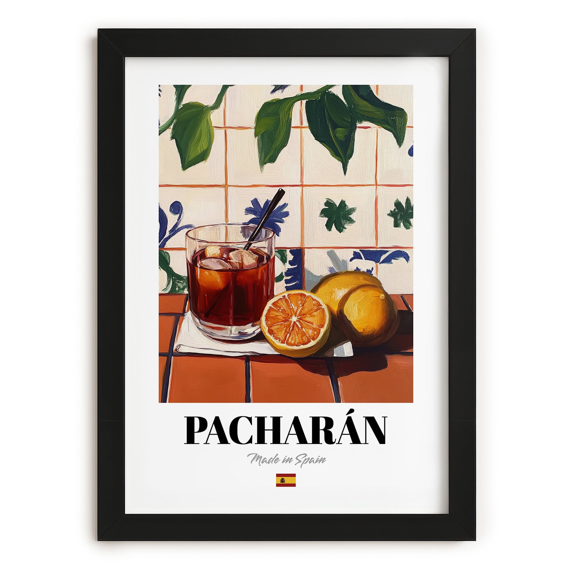 Pacharán – Spanish Liqueur Drink, Beach Bar Print, in sleek black frame