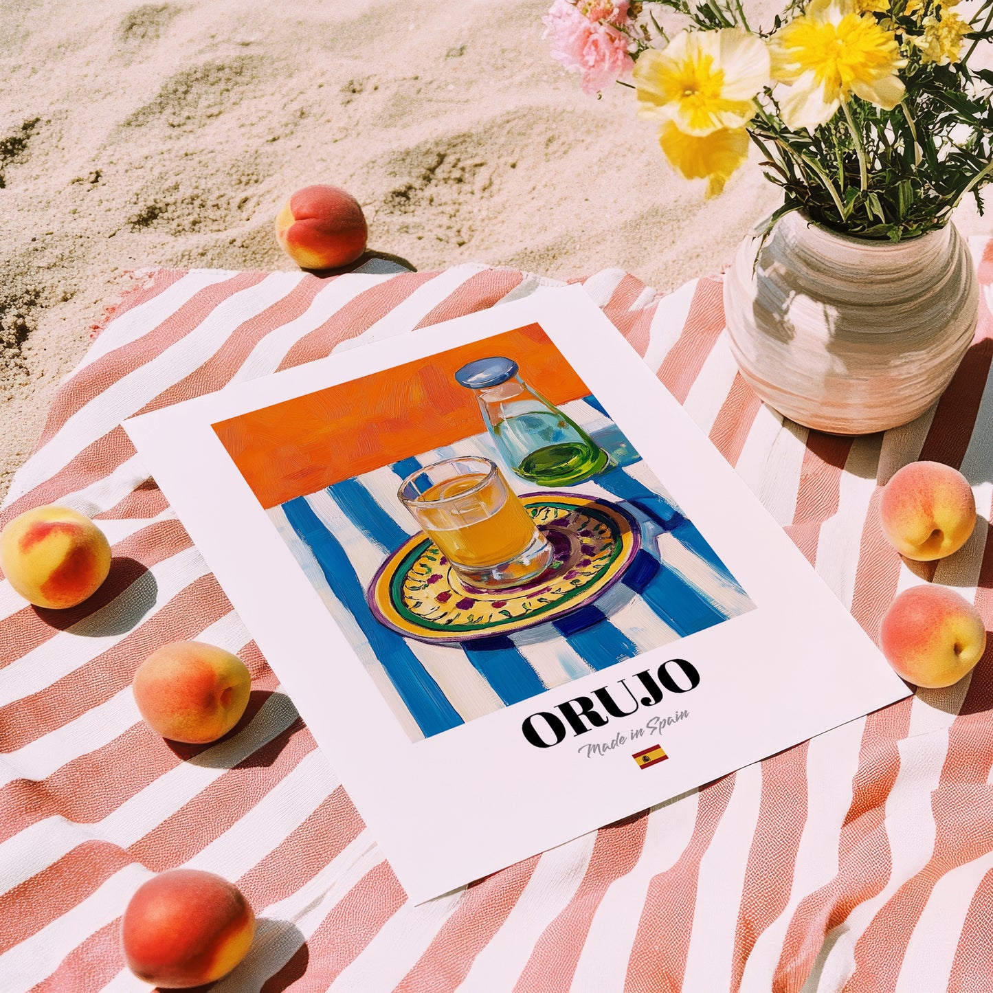 Orujo – Spanish Spirit Drink, Beach Bar Art, unframed on coastal sand