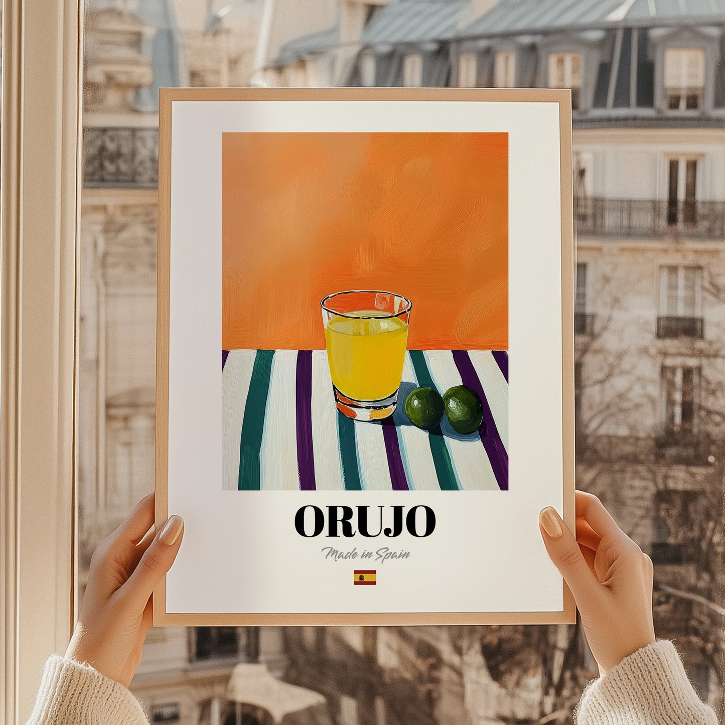 Orujo – Spanish Spirit Drink, Hotel Lobby Print, styled in a charming Paris street view