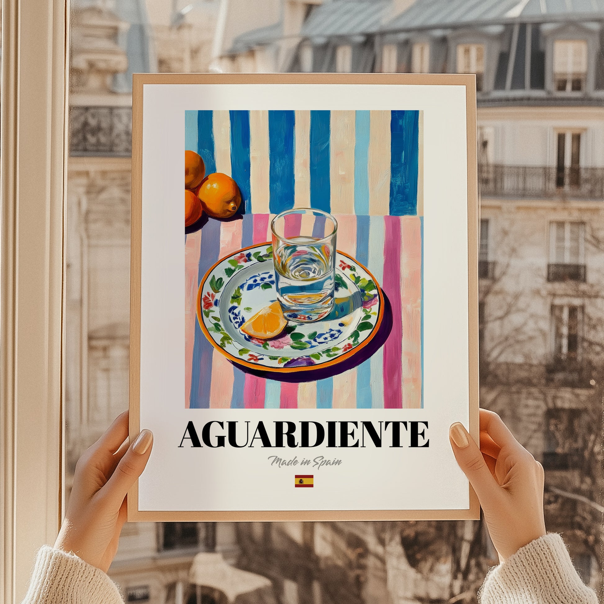 Aguardiente – Spanish Spirit Drink, Rooftop Terrace Poster, styled in a charming Paris street view