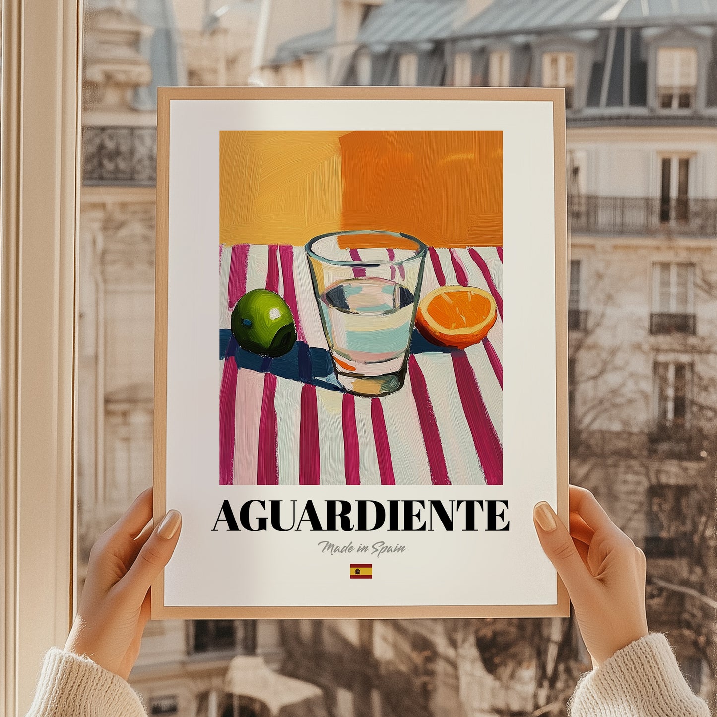 Aguardiente – Spanish Spirit Drink, Beach Bar Wall Art, styled in a charming Paris street view