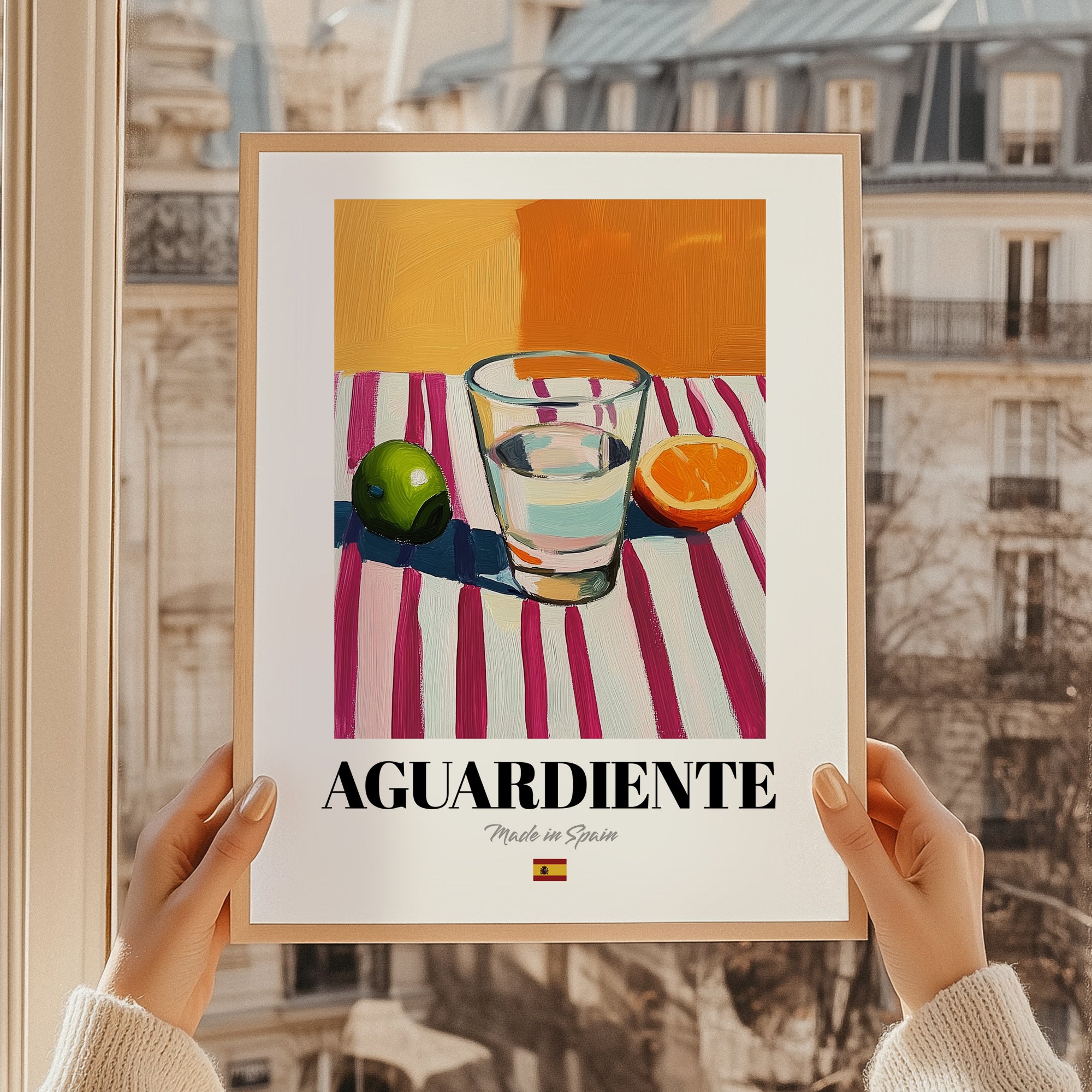 Aguardiente – Spanish Spirit Drink, Beach Bar Wall Art, styled in a charming Paris street view