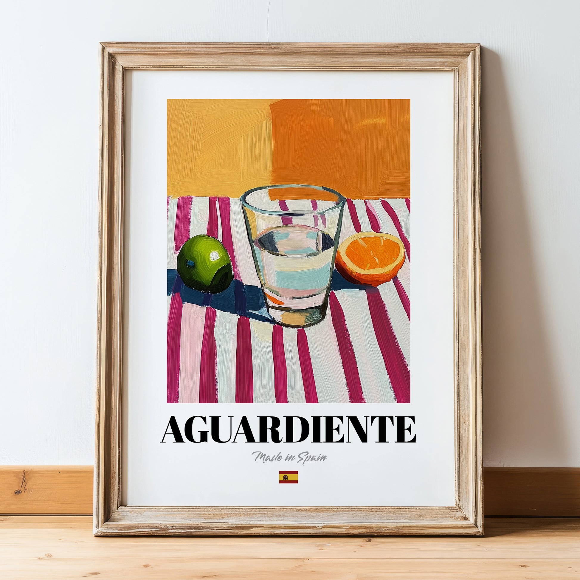 Aguardiente – Spanish Spirit Drink, Beach Bar Wall Art, in wooden frame leaning on the floor