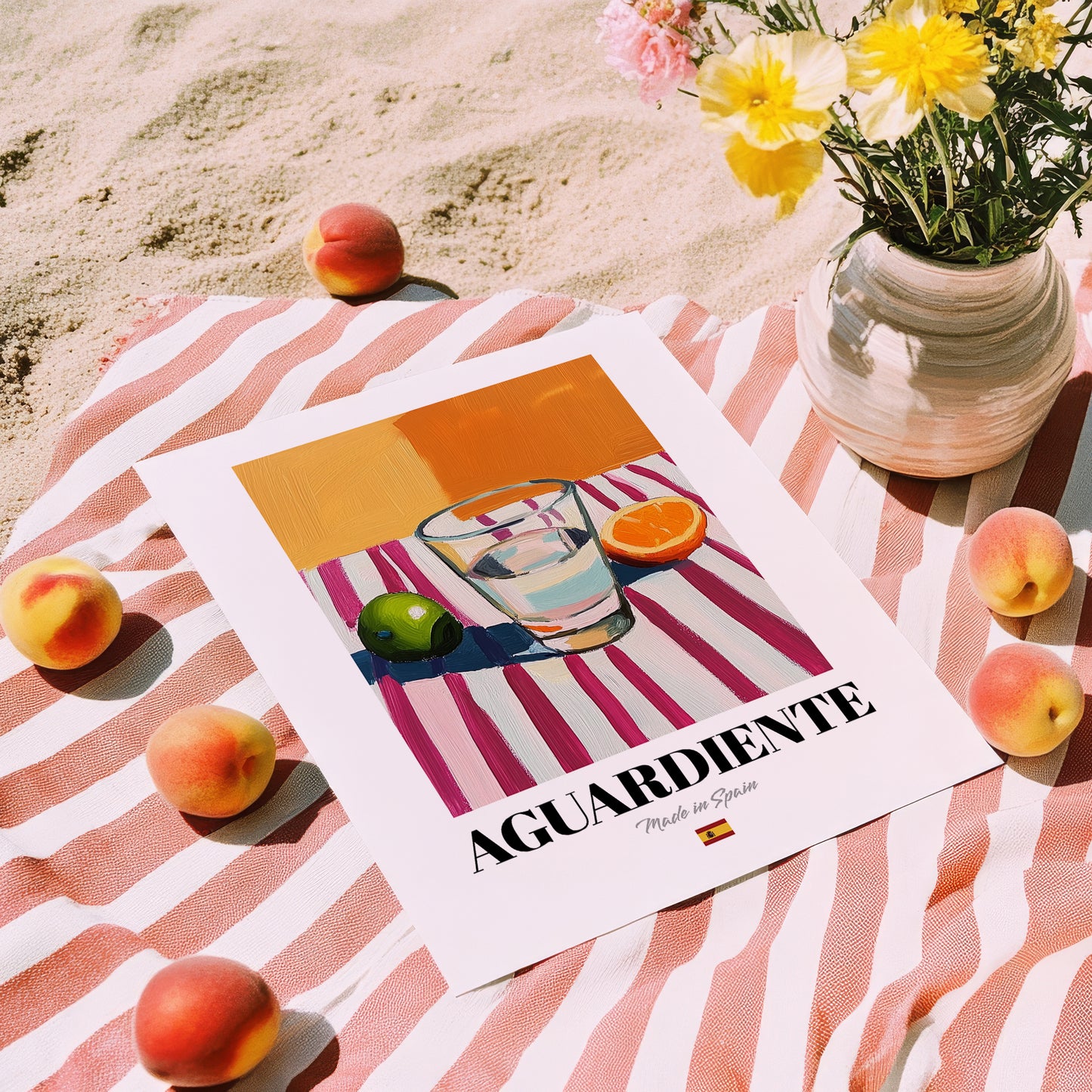 Aguardiente – Spanish Spirit Drink, Beach Bar Wall Art, unframed on coastal sand