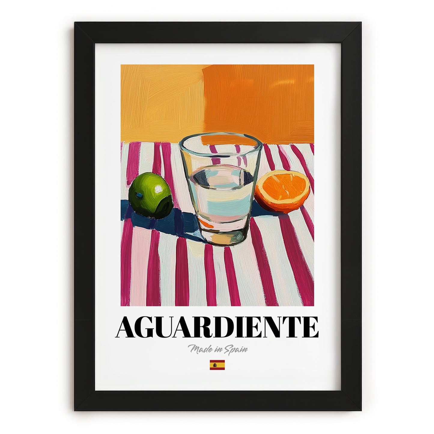 Aguardiente – Spanish Spirit Drink, Beach Bar Wall Art, in sleek black frame