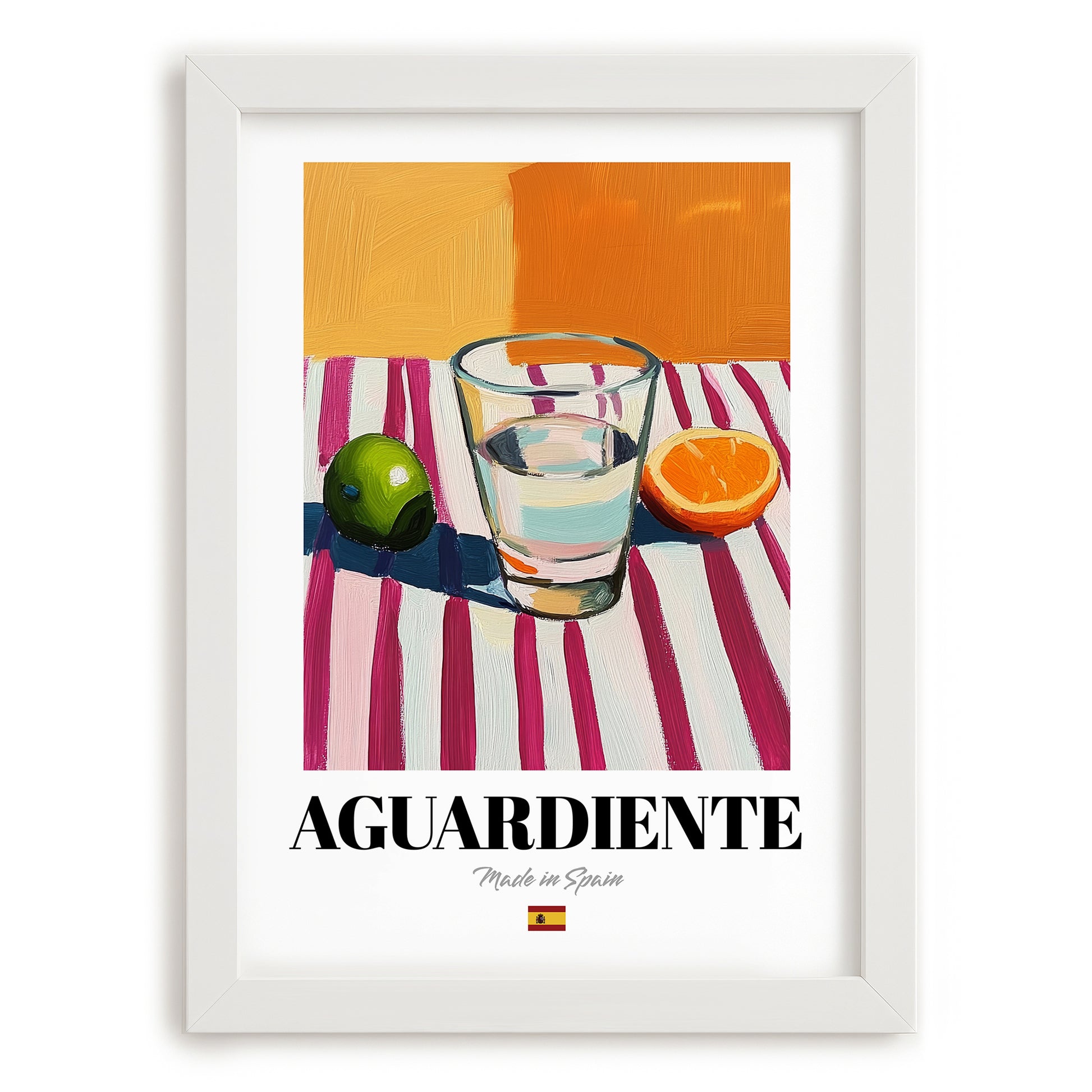 Aguardiente – Spanish Spirit Drink, Beach Bar Wall Art, placed in minimal white frame