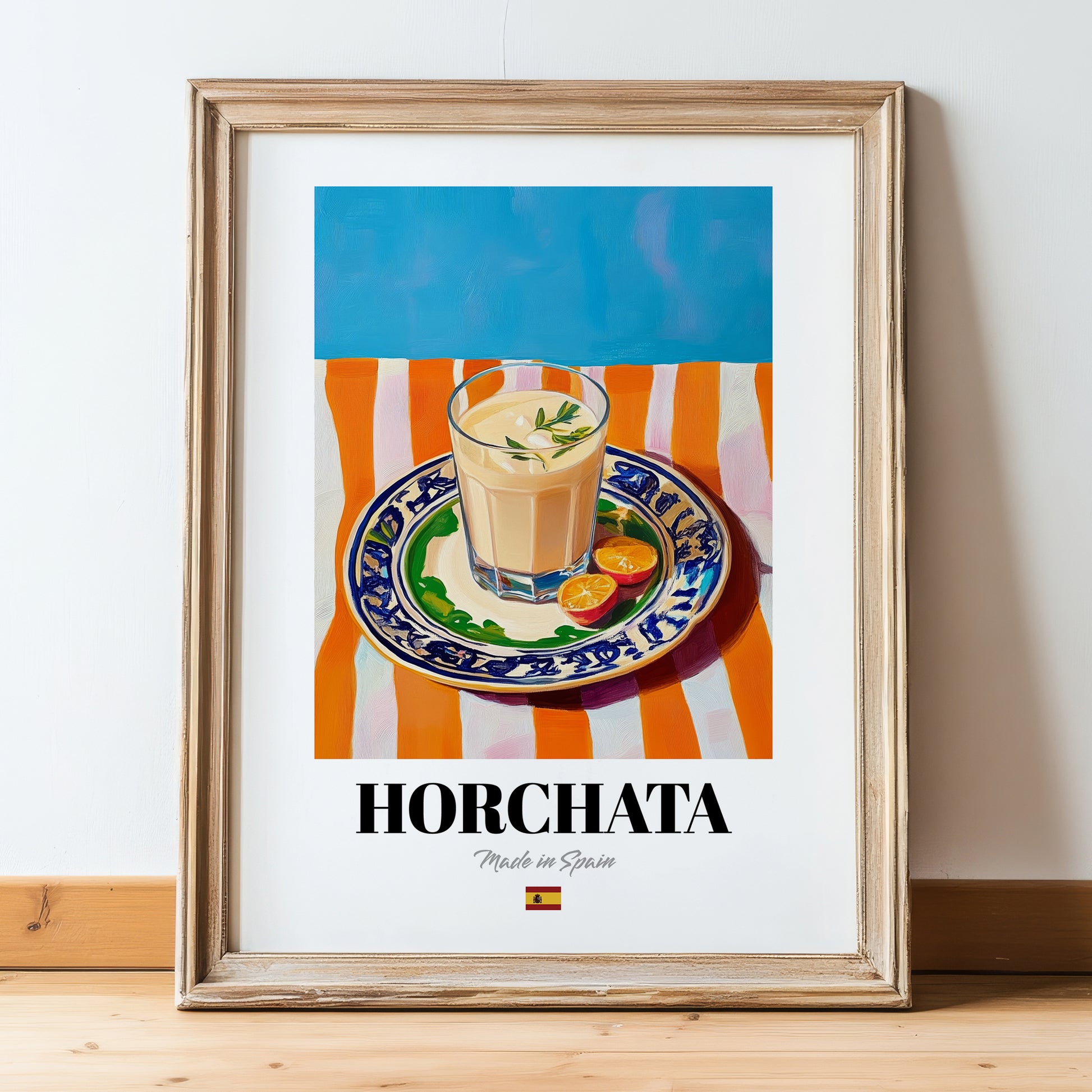 Horchata – Spanish Beverage Drink, Jazz Bar Poster, in wooden frame leaning on the floor