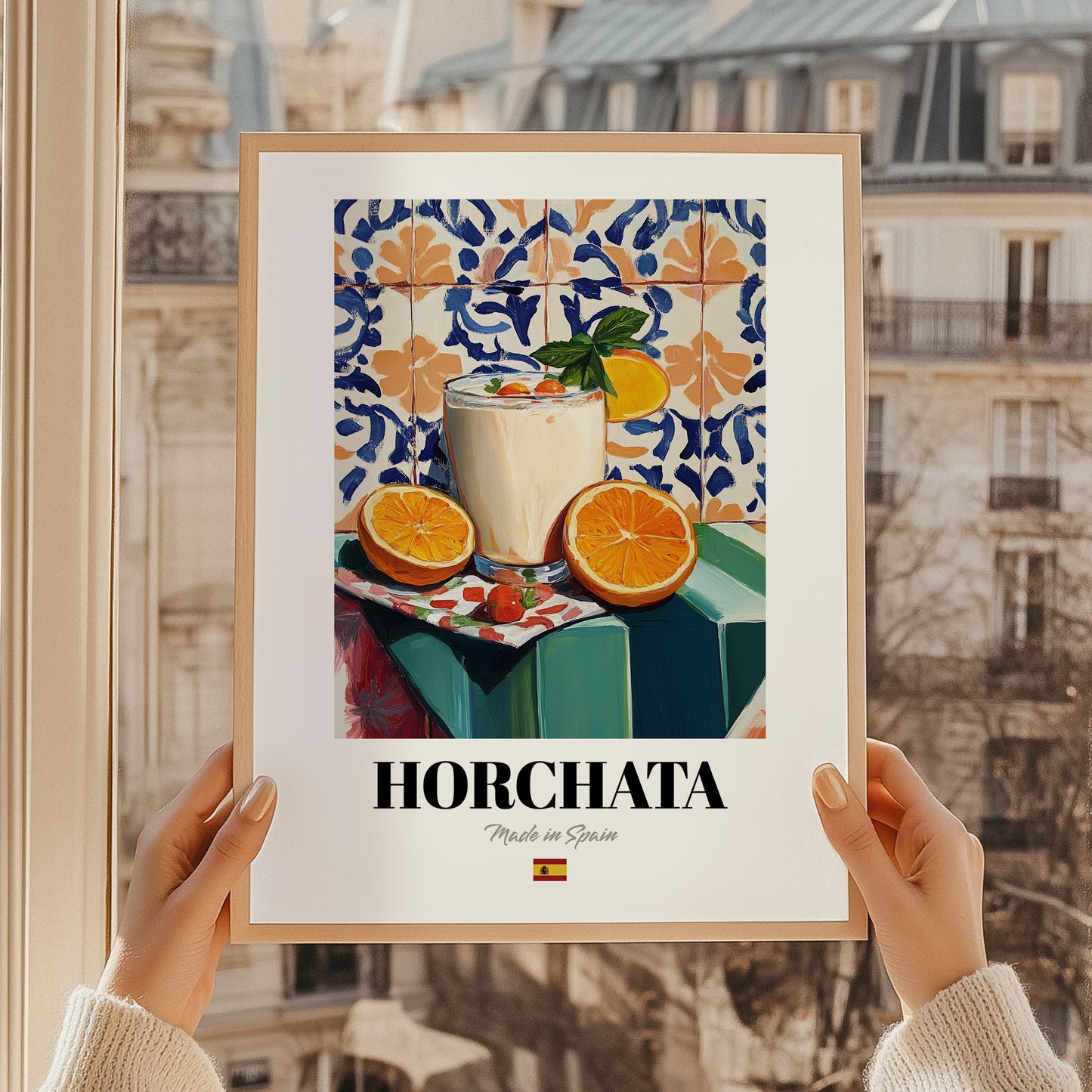 Horchata – Spanish Beverage Drink, Cocktail Lounge Art, styled in a charming Paris street view