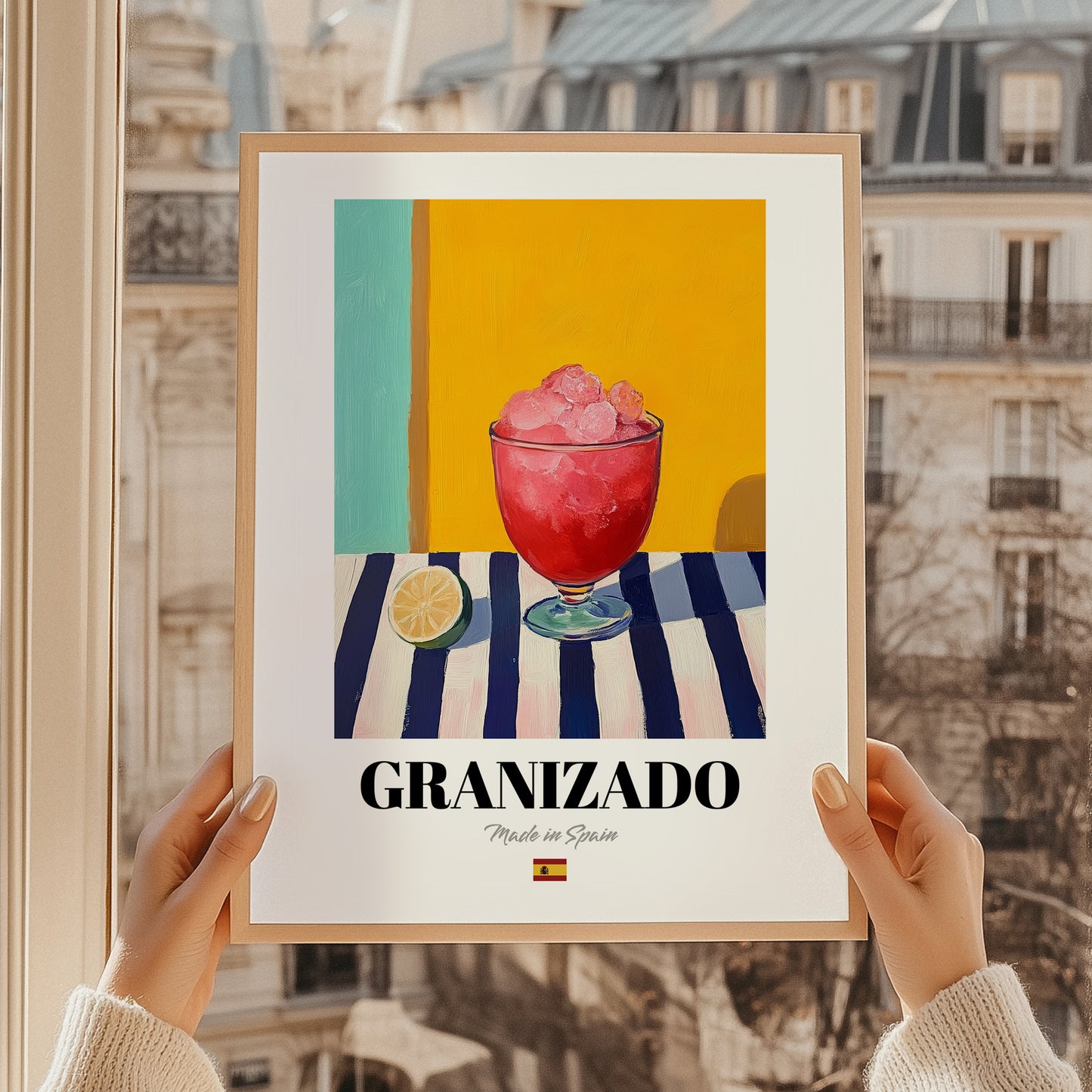 Granizado – Spanish Beverage Drink, Hotel Lobby Poster, styled in a charming Paris street view