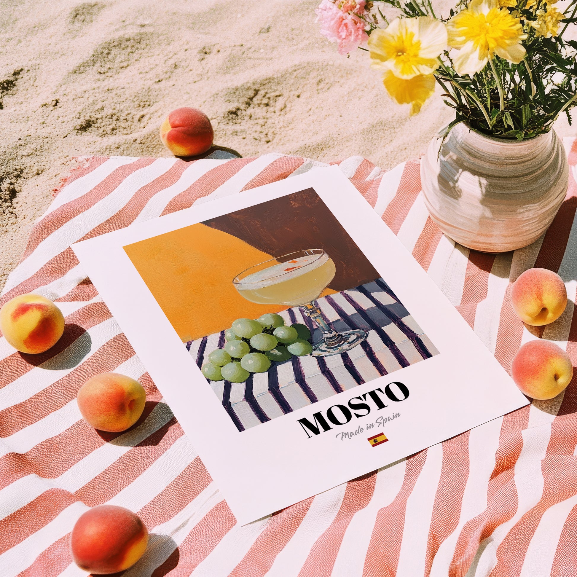 Mosto – Spanish Beverage Drink, Cocktail Lounge Poster, unframed on coastal sand