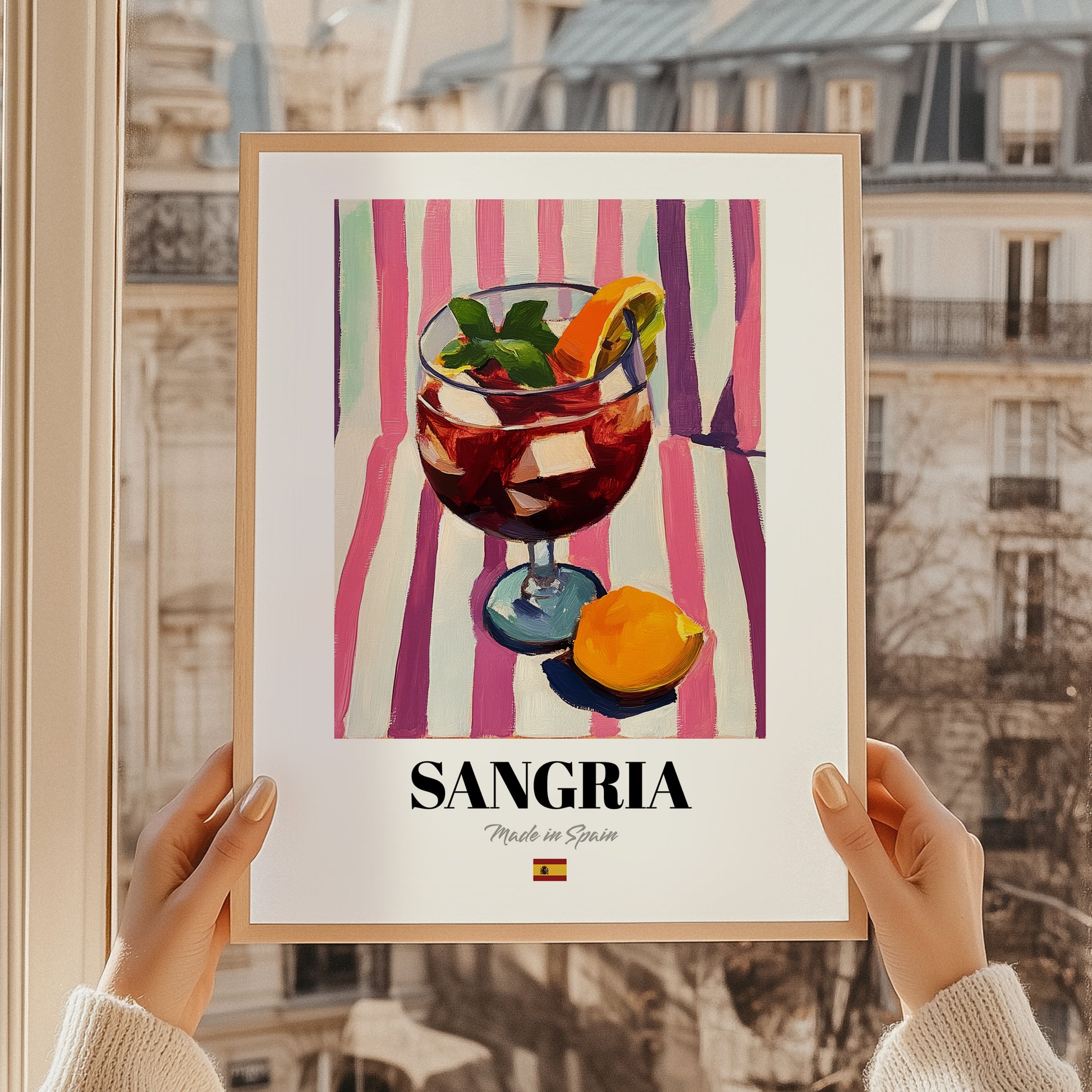 Sangria – Spanish Cocktail Drink, Cocktail Lounge Poster, styled in a charming Paris street view