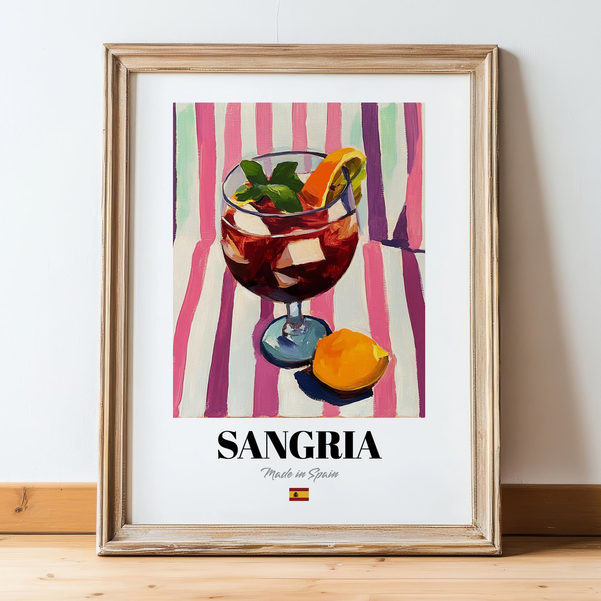 Sangria – Spanish Cocktail Drink, Cocktail Lounge Poster, in wooden frame leaning on the floor