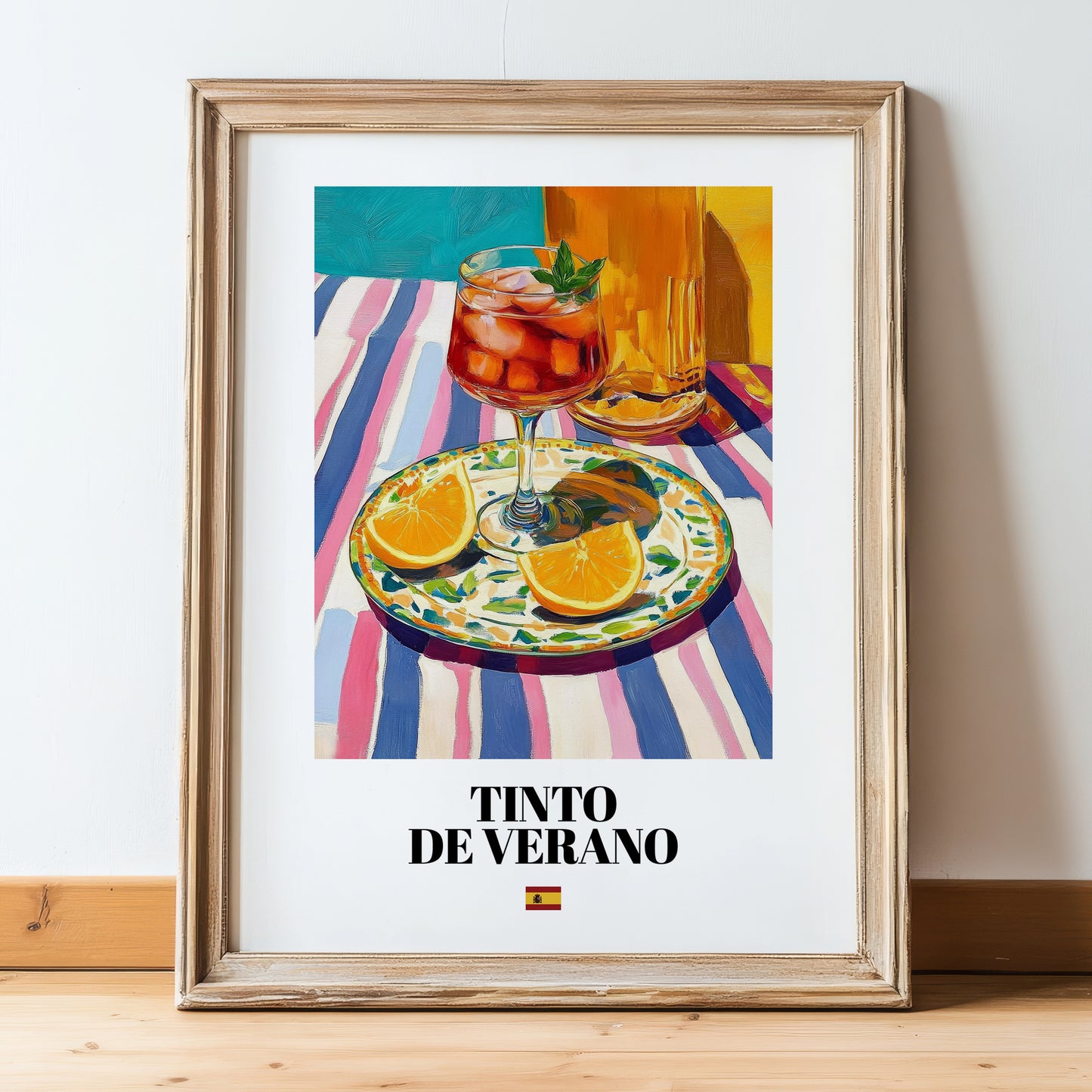 Tinto de Verano – Spanish Cocktail Drink, Hotel Lobby Illustration, in wooden frame leaning on the floor