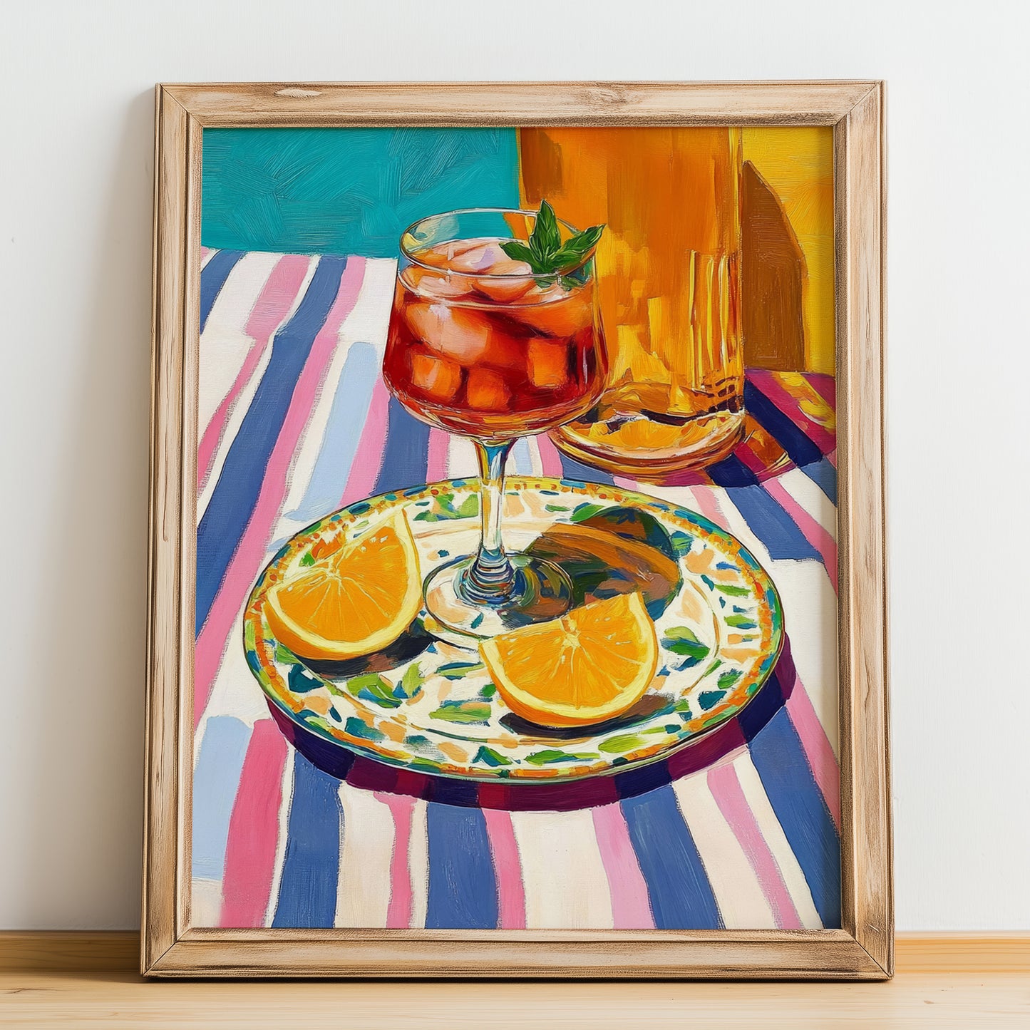 Tinto de Verano – Spanish Cocktail Drink, Hotel Lobby Illustration, no-text version framed in wood