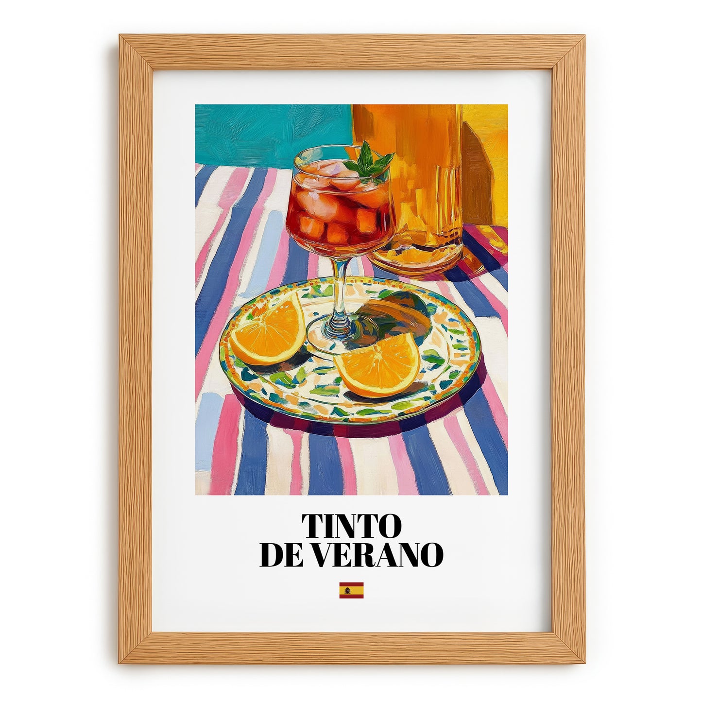 Tinto de Verano – Spanish Cocktail Drink, Hotel Lobby Illustration, set in oak frame